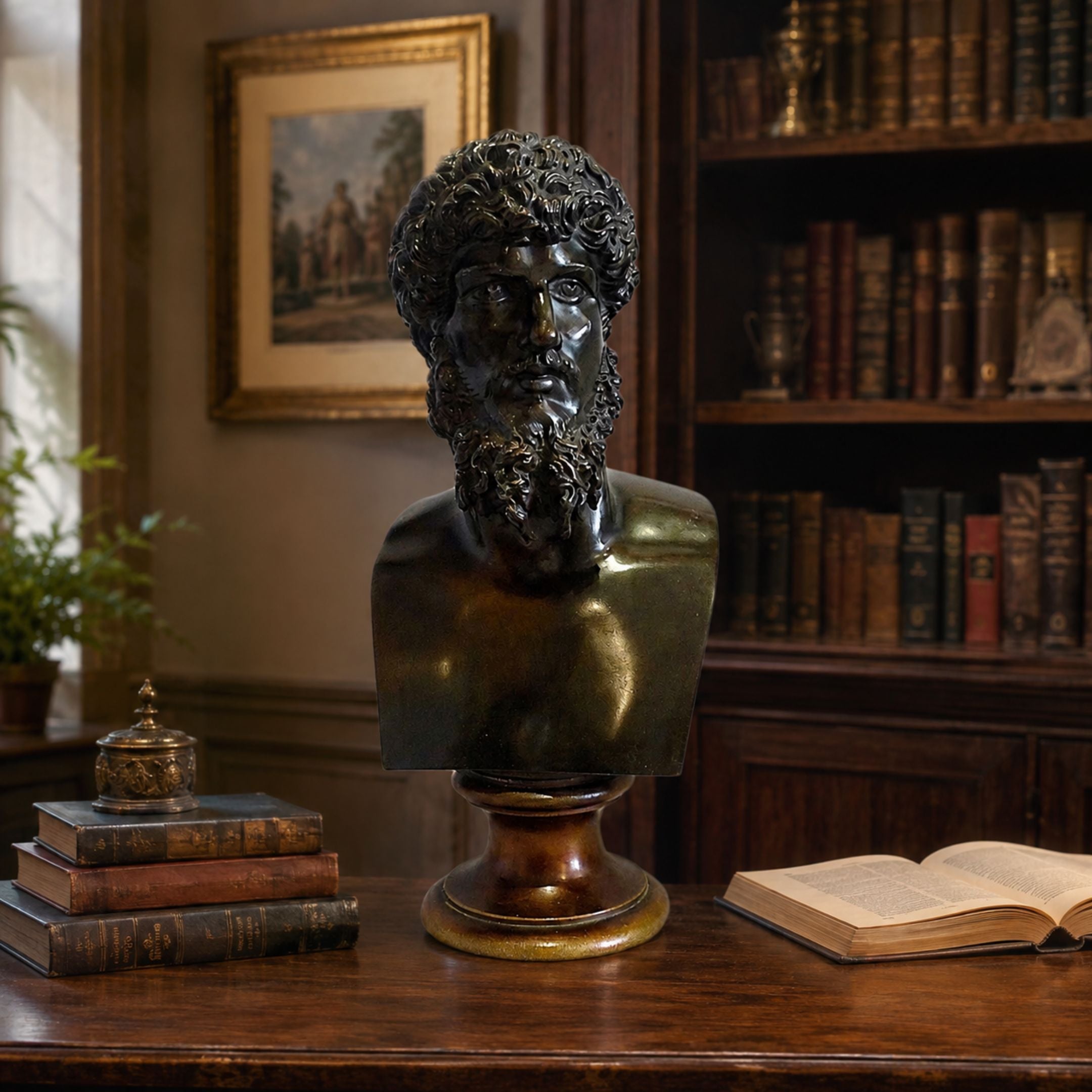 Classical Male Bust Bronze Sculpture, 70cm, with curled hair and beard on a wooden pedestal, displayed on a desk in a study with bookshelves.