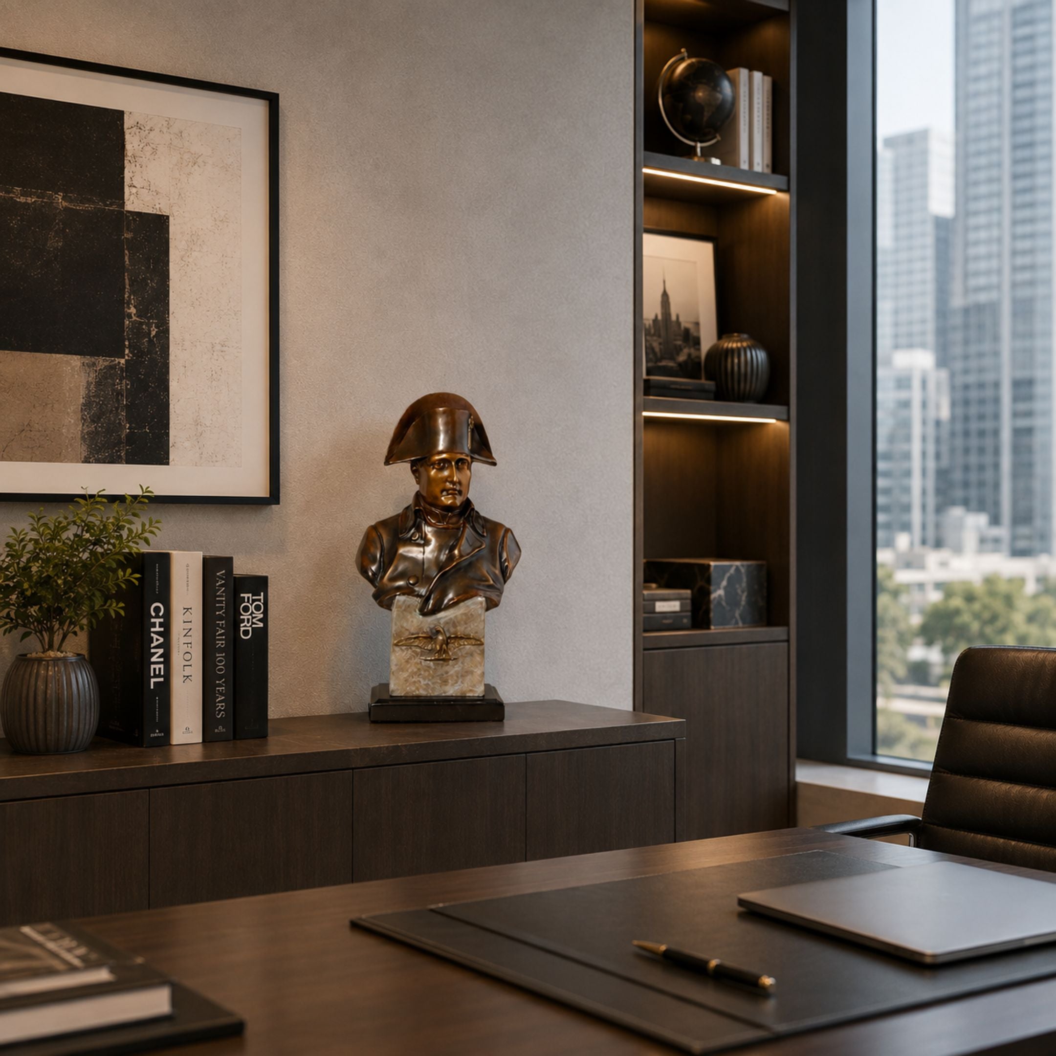 Classical Napoleon Bonaparte Military Bronze Bust, 80cm, on a marble base atop a dark office credenza near shelving and a desk.