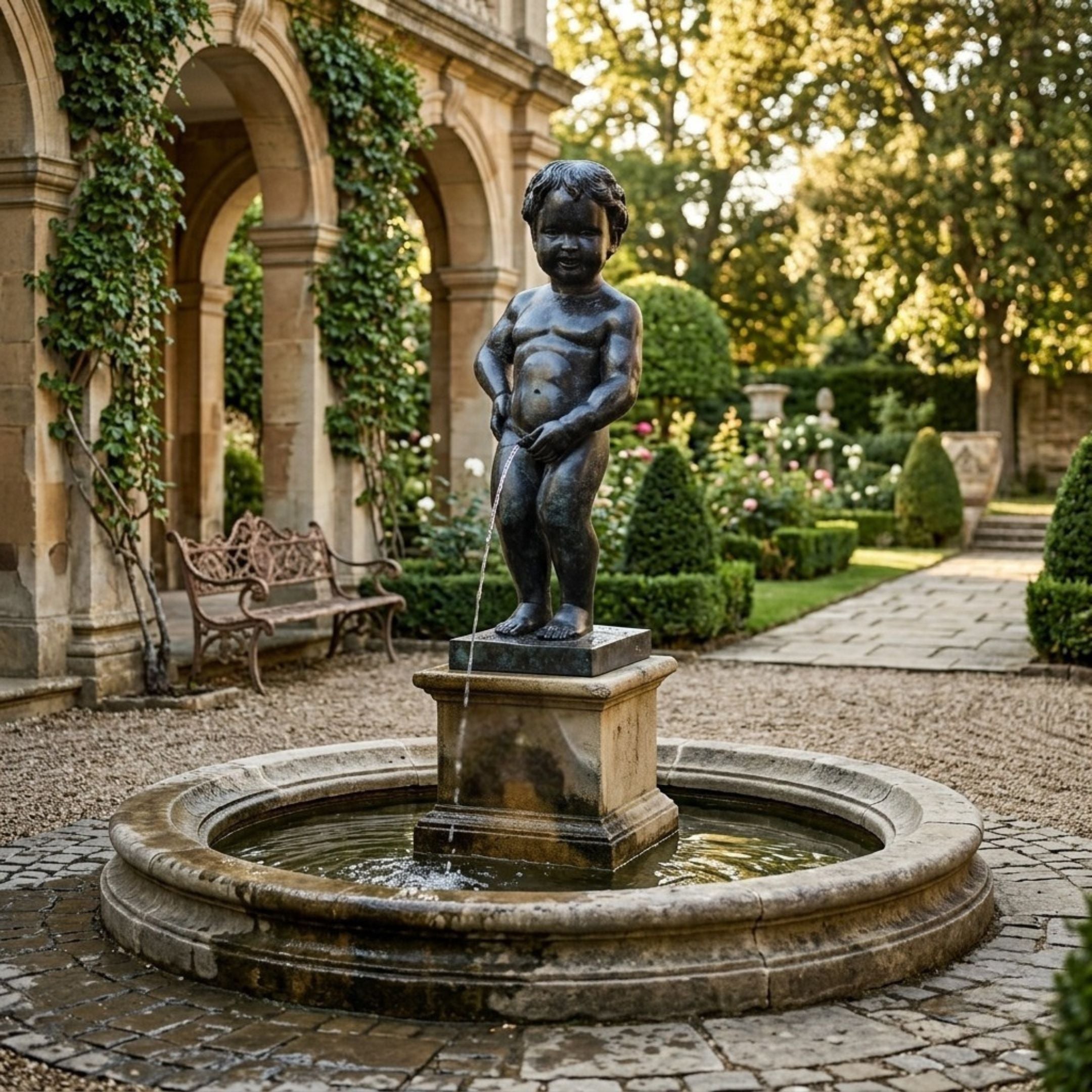 Classical Urinating Boy Bronze Fountain, 130cm, dark bronze boy figure on stone pedestal in a round basin within a garden courtyard.