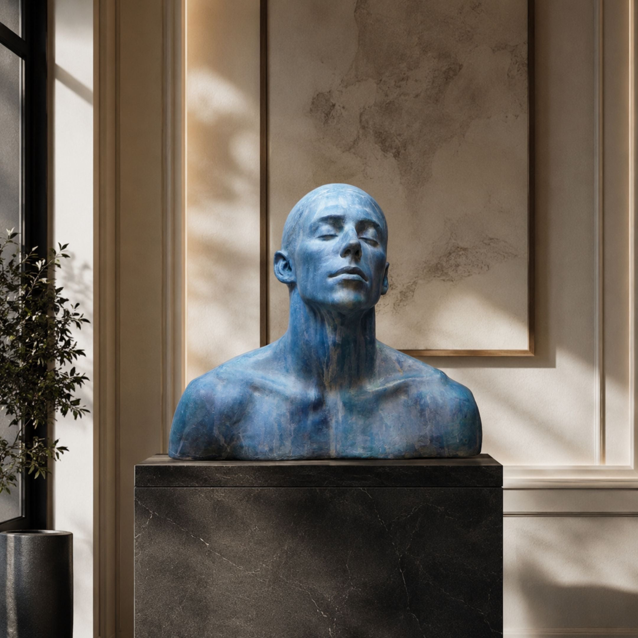 Contemporary Contemplative Male Bust Bronze Bust – 70cm with blue-green patina, eyes closed and head tilted upward, displayed on a dark stone pedestal indoors.