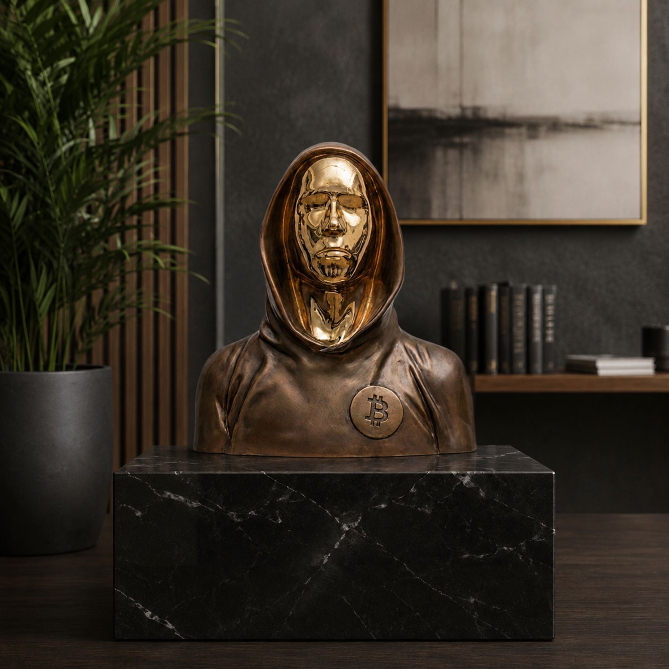 Contemporary Hooded Anonymous Bust Bronze Sculpture, 100cm, gold hooded face with Bitcoin medallion, on black marble base in a living room setting.