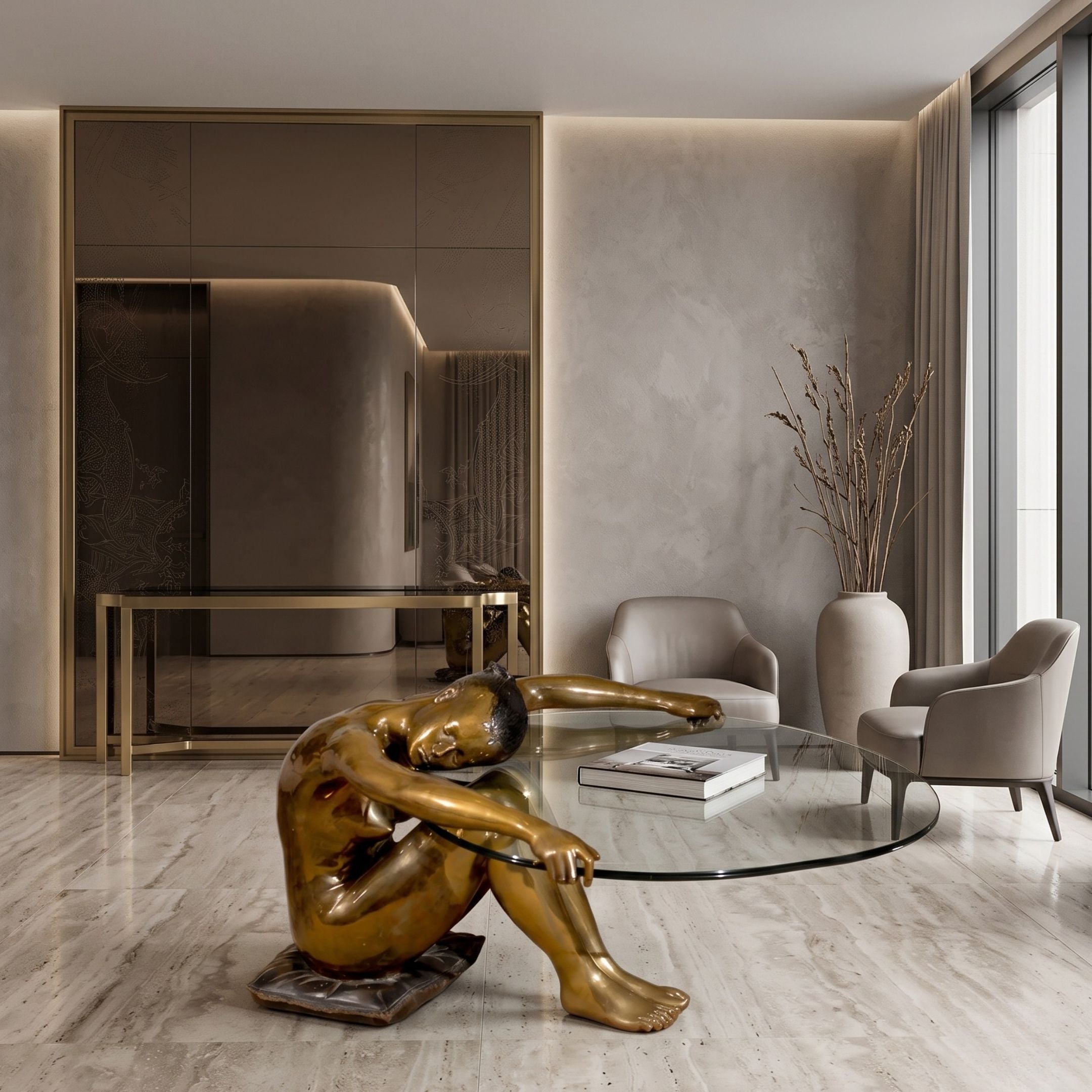 Contemporary Seated Nude Female Figure Bronze Sculpture by Giant Sculptures, 140cm, golden-brown patina figure supporting an oval glass tabletop in a neutral living room.