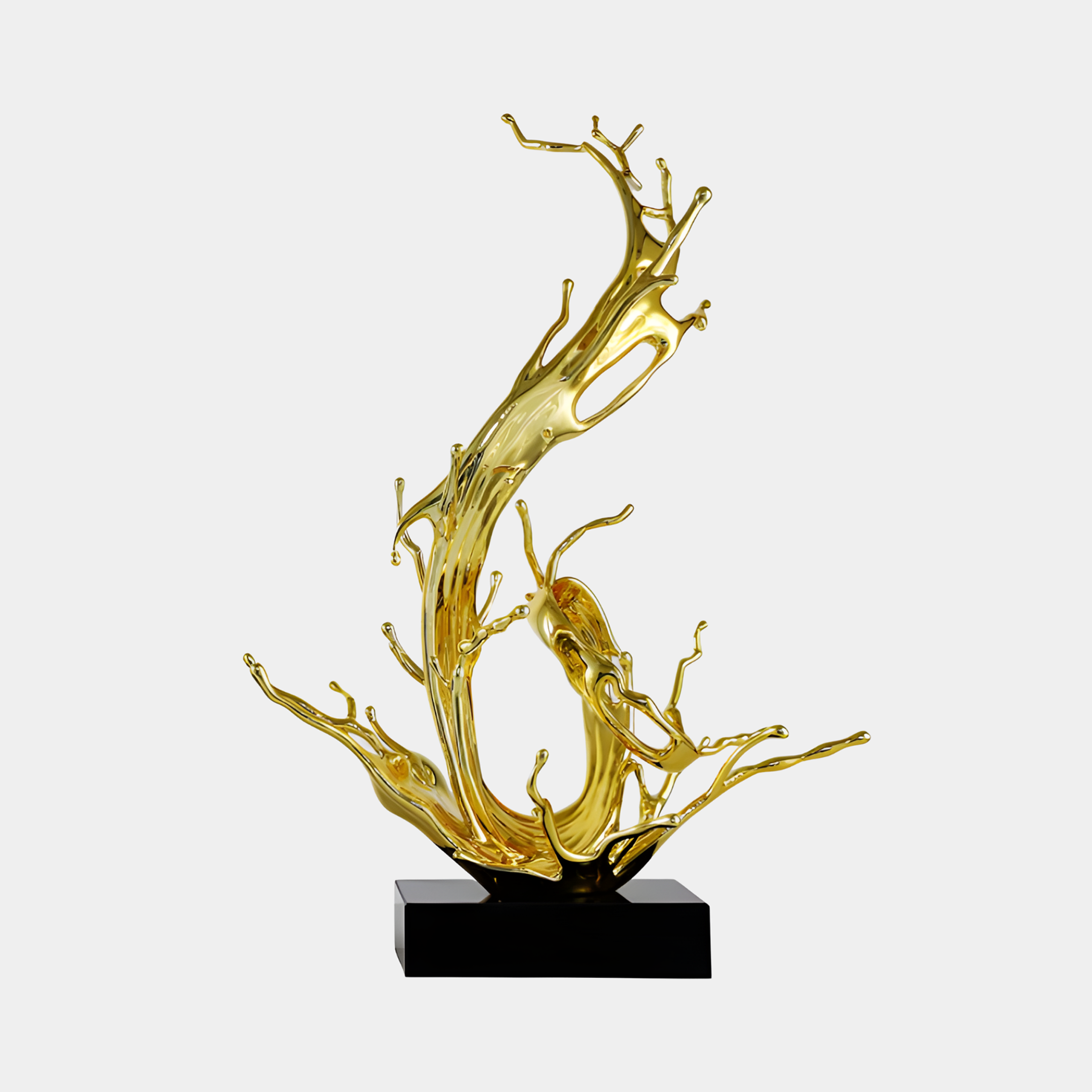 Giant Sculptures Gold Abstract Water Splash sculpture with mirror-gold chrome tendrils curling upward on a black rectangular base, shown against plain white.