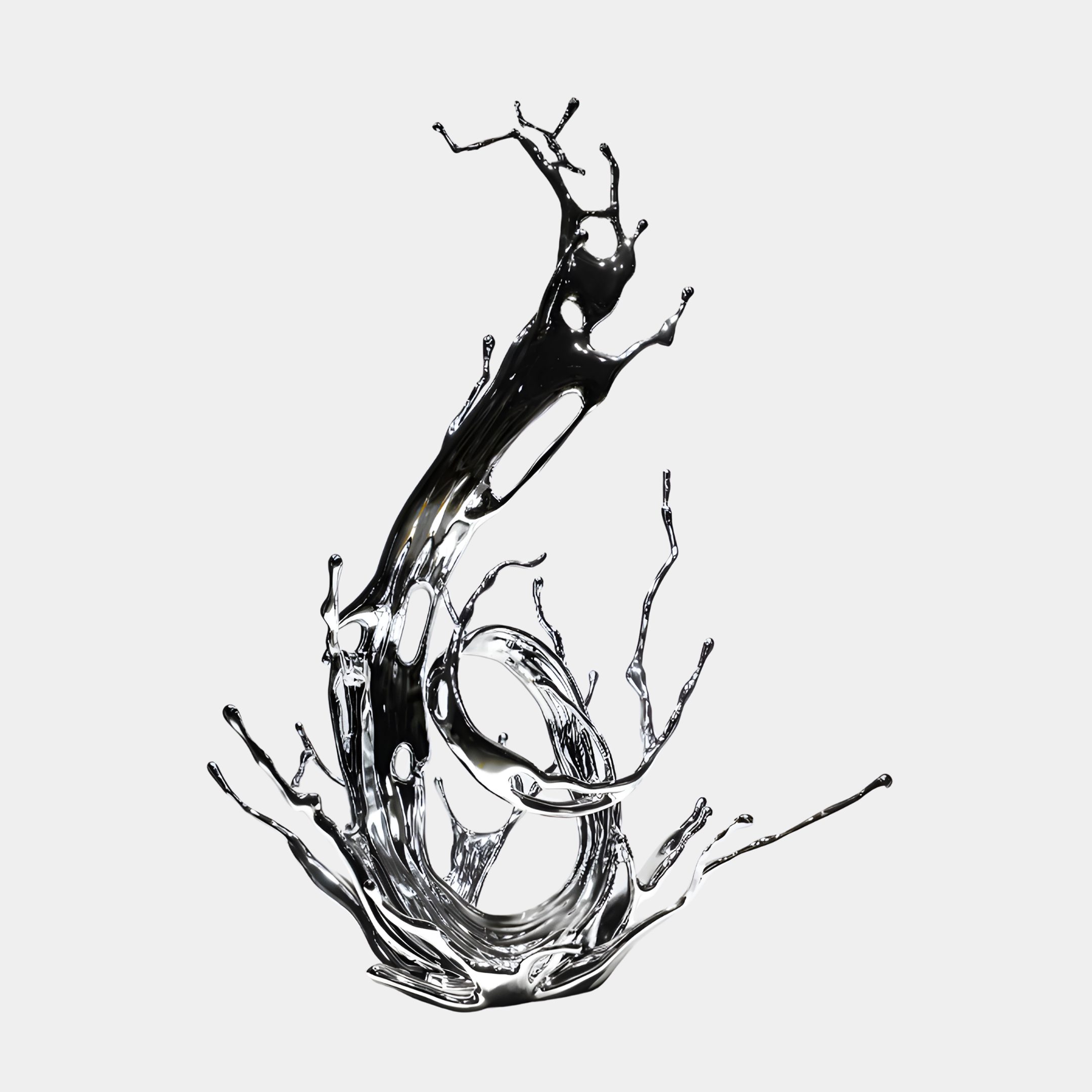 Silver Abstract Tree Branch Sculpture by Giant Sculptures, 140cm, mirror-silver electroplated resin splash form rising into branching tendrils, on a plain light background.