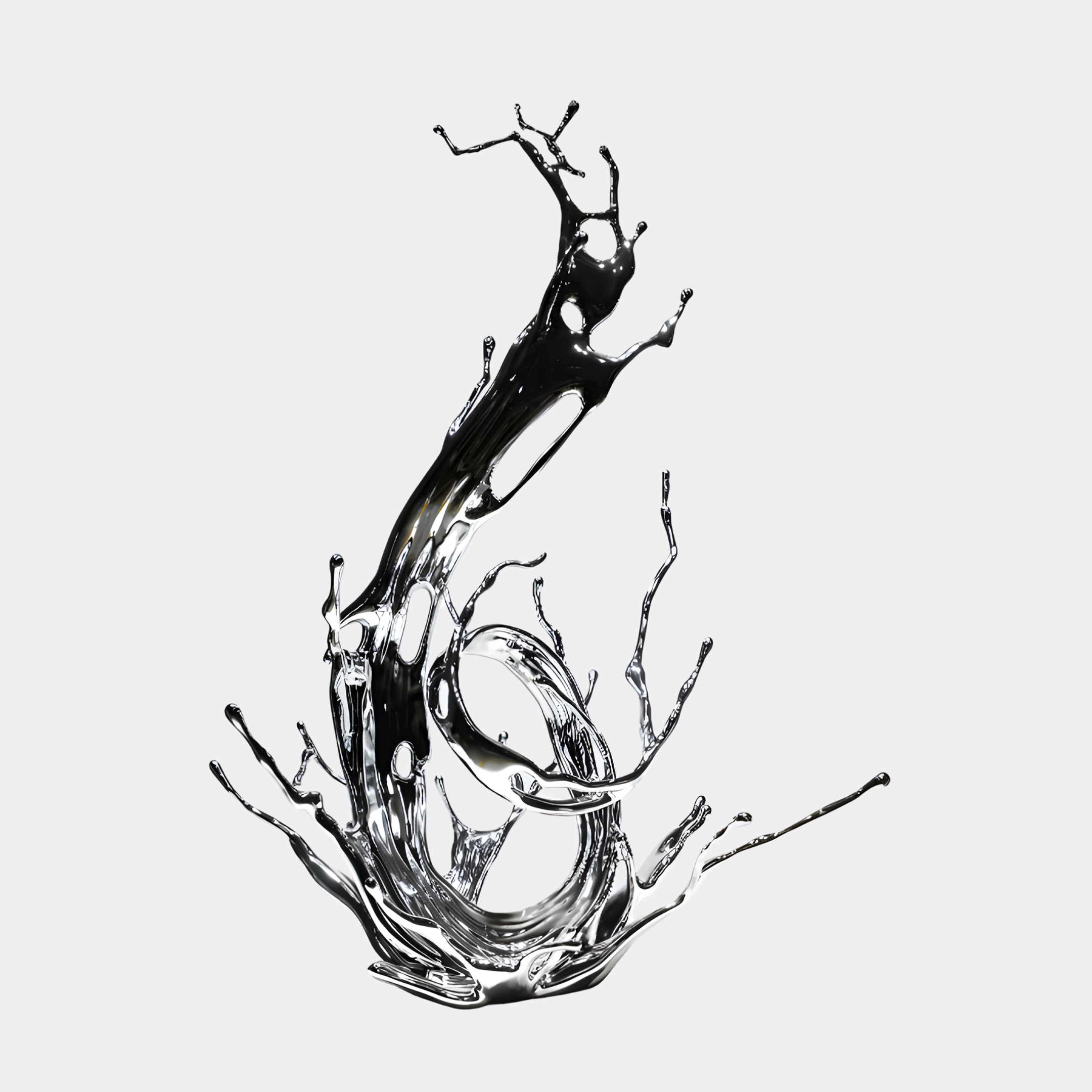 Giant Sculptures Silver Abstract Tree Branch Sculpture 160cm, mirror-silver electroplated resin splash branching upward, shown against a plain light background.