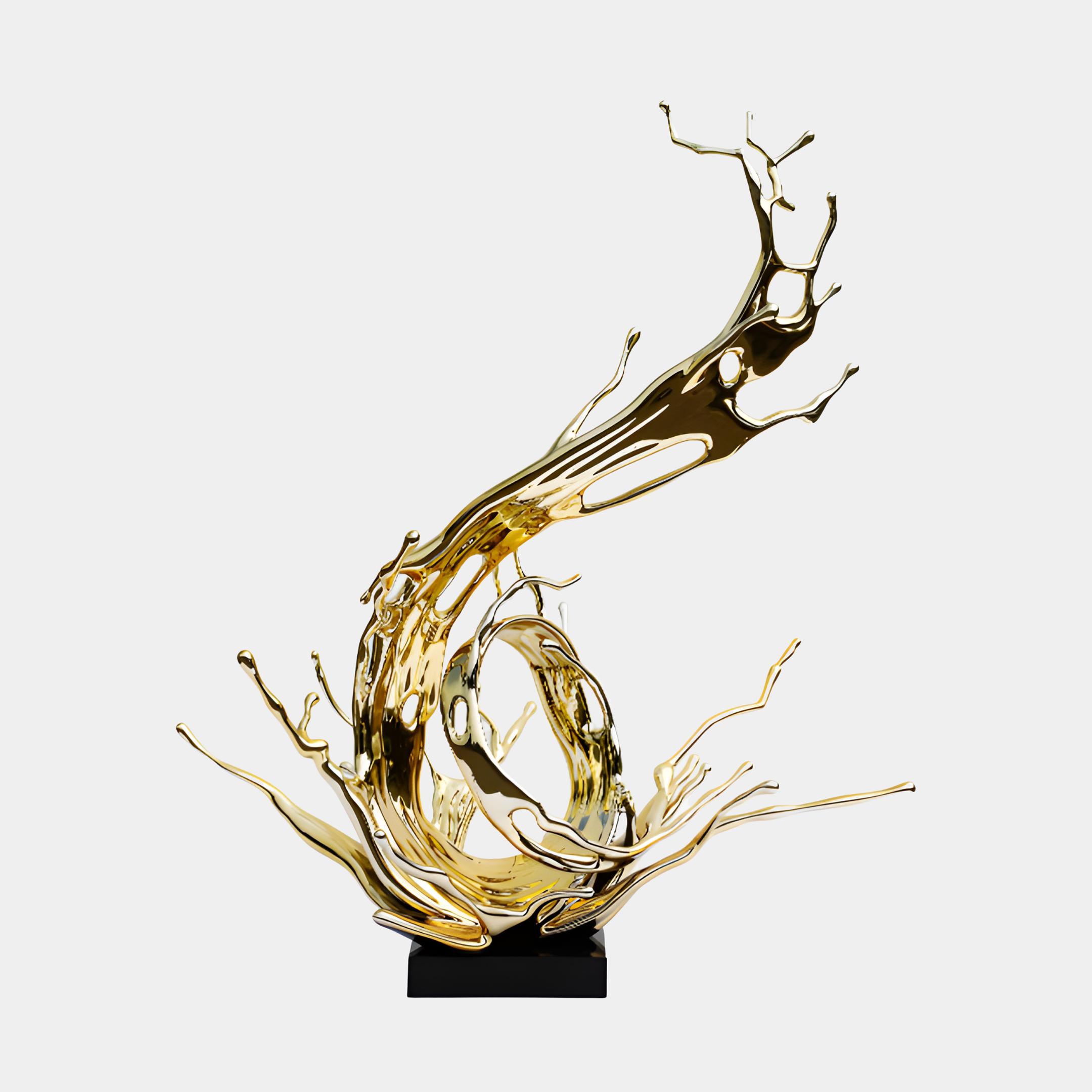 Giant Sculptures Gold Abstract Tree Branch Sculpture 136cm, a mirror-gold splash form branching upward on a black base, shown against a plain light background.