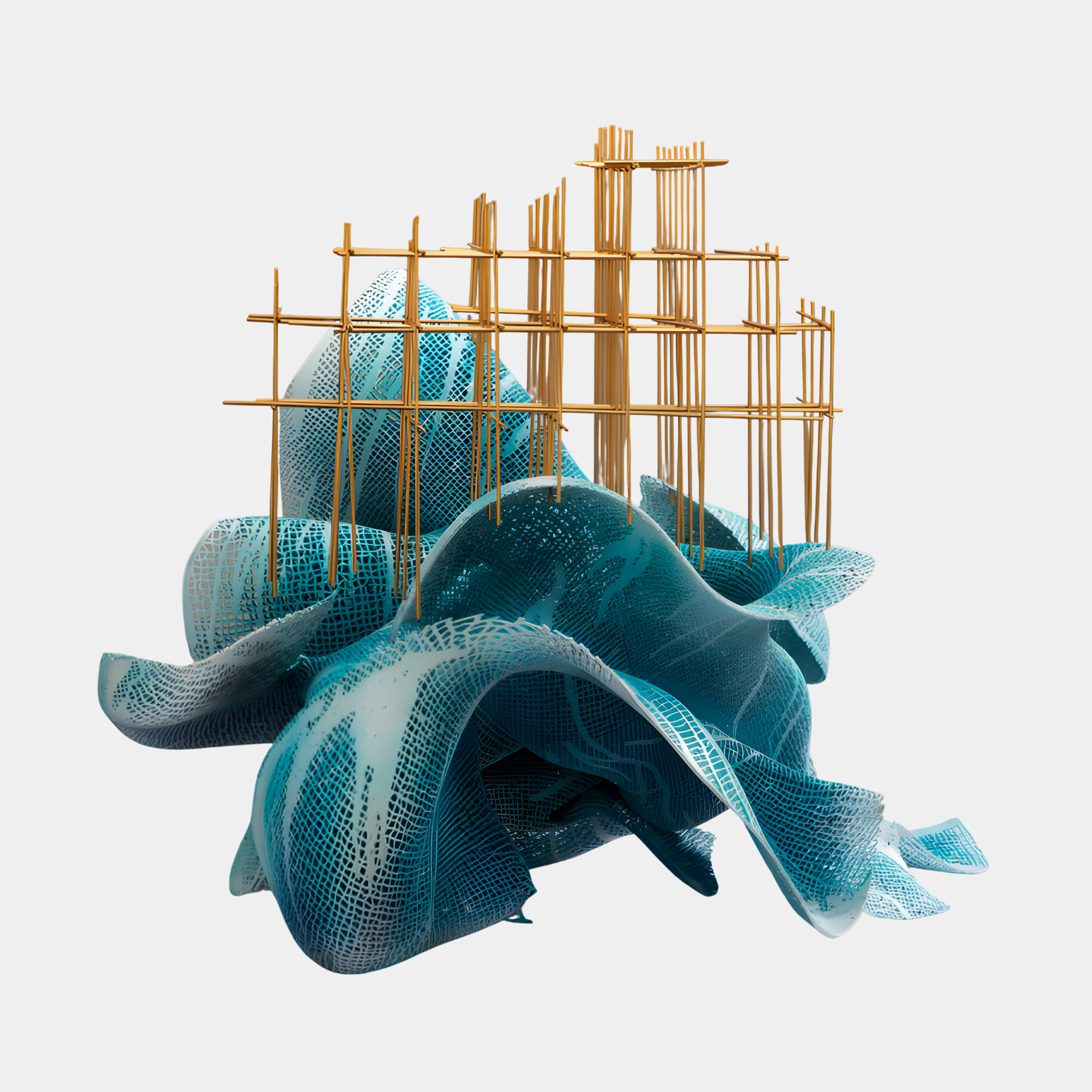Giant Sculptures Teal Mesh Ocean Wave Trio Sculpture in 3D-printed resin, with lattice-like teal waves rising beneath a gold metal grid, on a plain background.