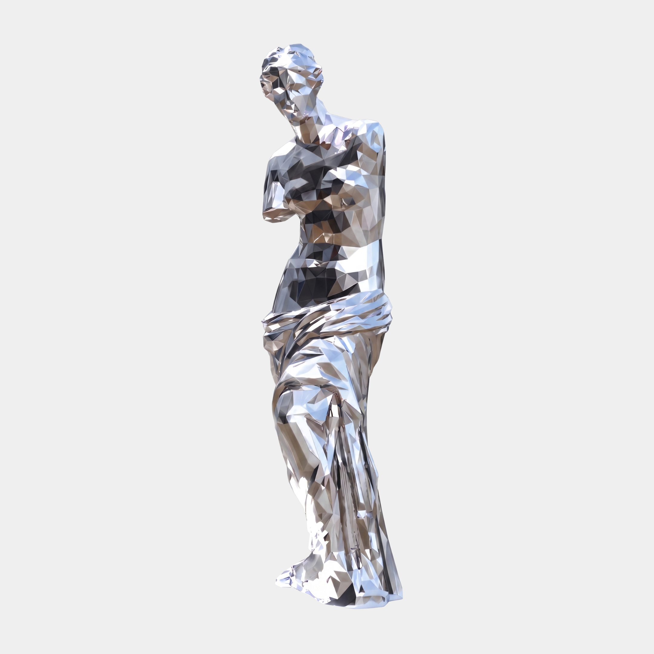 Giant Sculptures' 175cm Silver Abstract Female Figure Sculpture in faceted low-poly mirror chrome, draped from the hips down, shown on a plain light background.