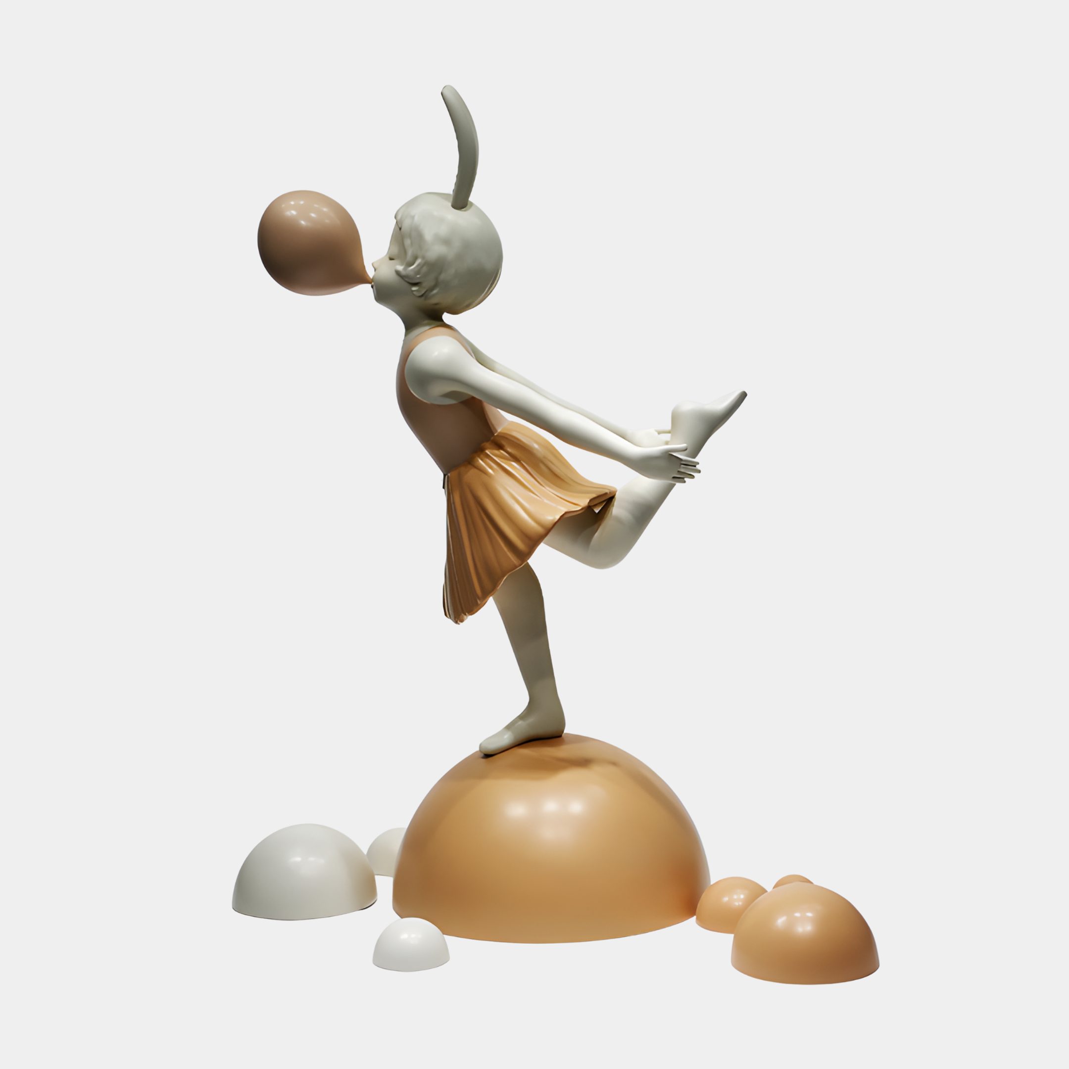 Side view of Giant Sculptures' 149cm Cream Abstract Girl Playing with Spheres Sculpture, blowing a bubble while balanced on a golden dome among smaller domes.