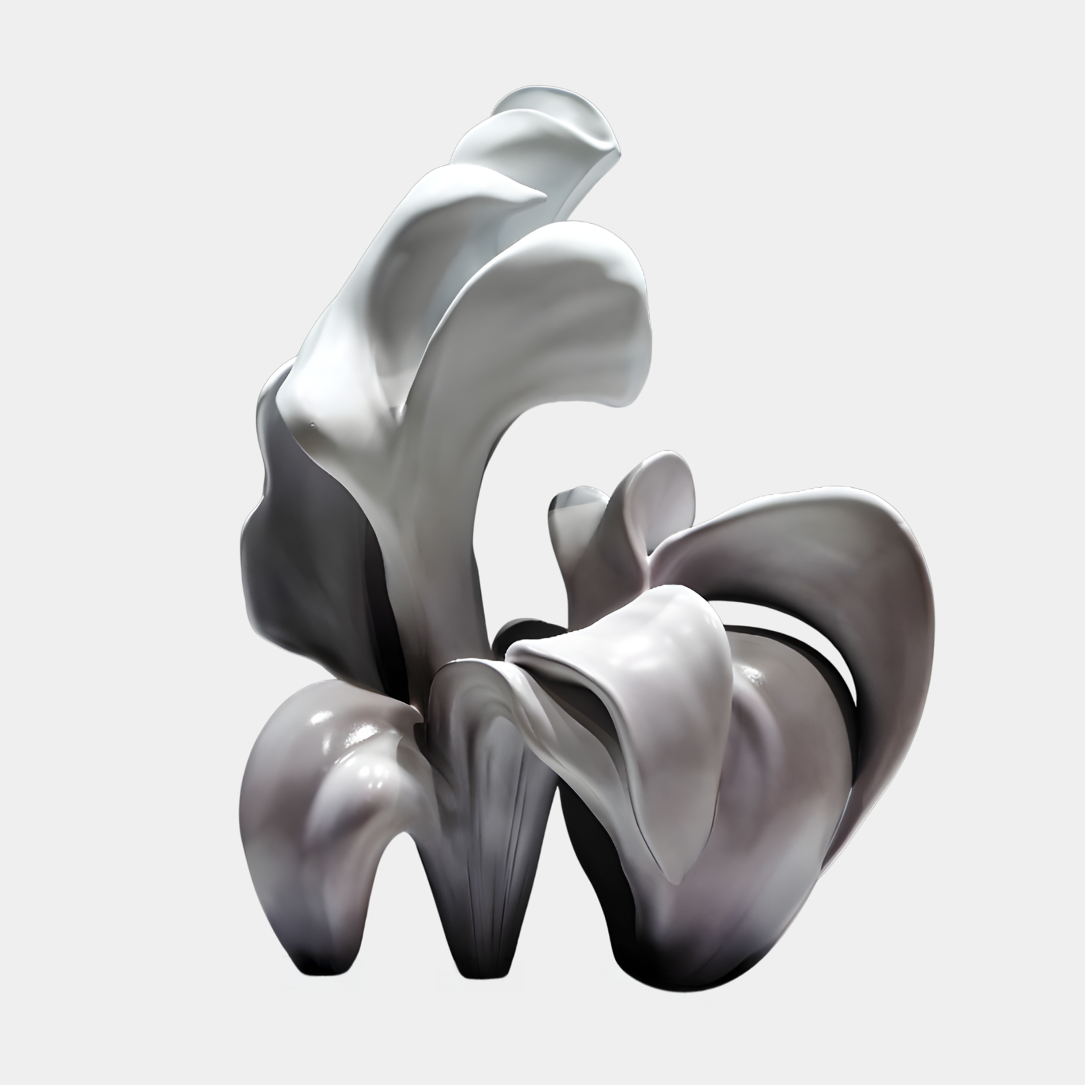 Silver Abstract Flowing Petal Form Sculpture by Giant Sculptures, 67cm 3D-printed resin piece with curling petal folds in lustrous silver-grey on a plain background.