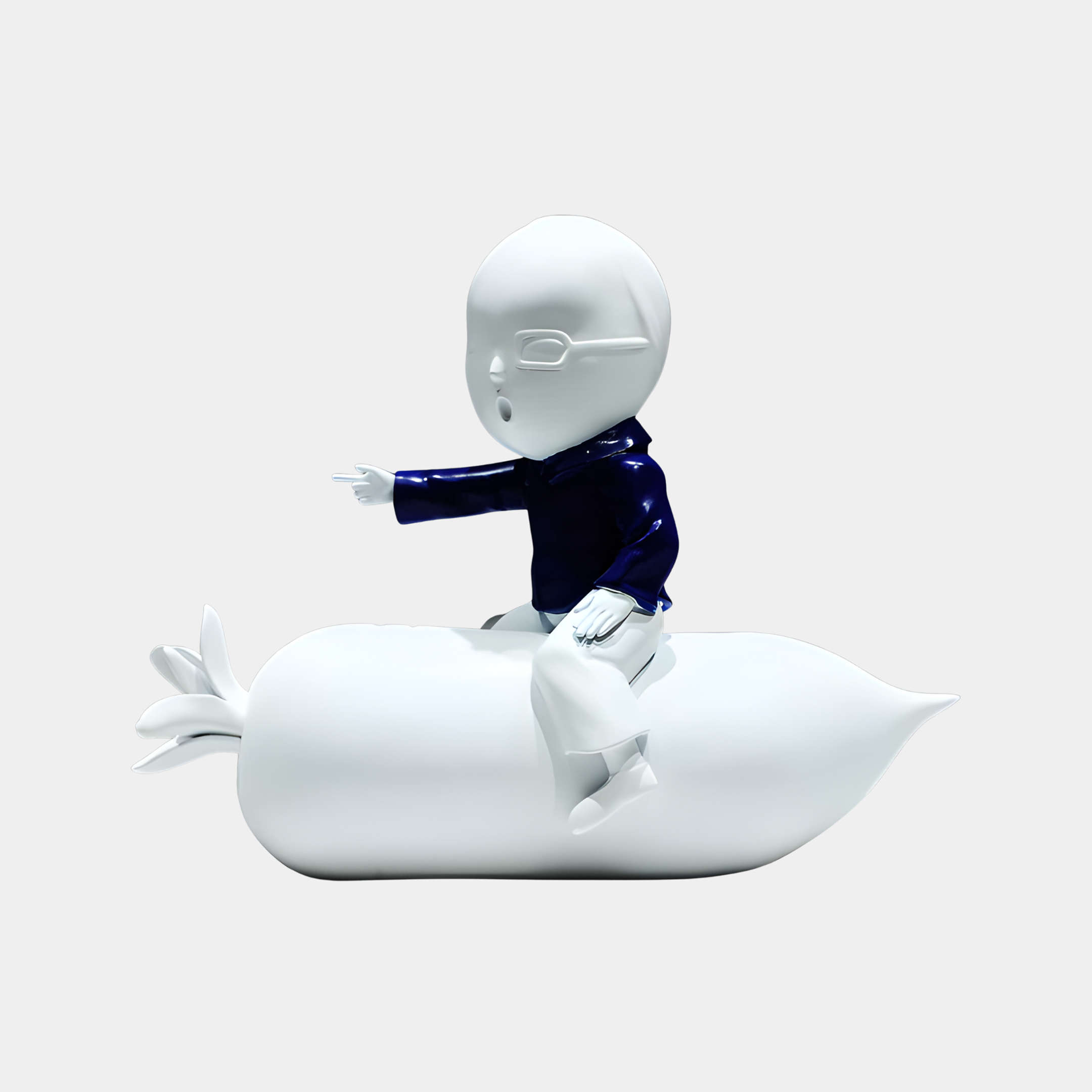 Giant Sculptures White & Blue Boy Riding Rocket Sculpture 35cm, bespectacled figure in navy jacket astride a sleek white rocket, pointing forward.