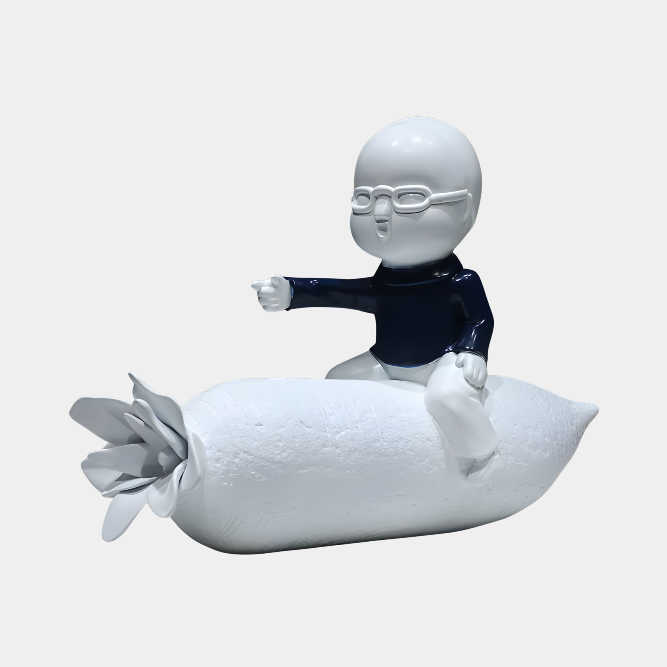 Giant Sculptures White & Navy Boy Sitting on Candy Sculpture, 59cm, glossy resin figure with glasses and navy top perched on a wrapped sweet, plain background.