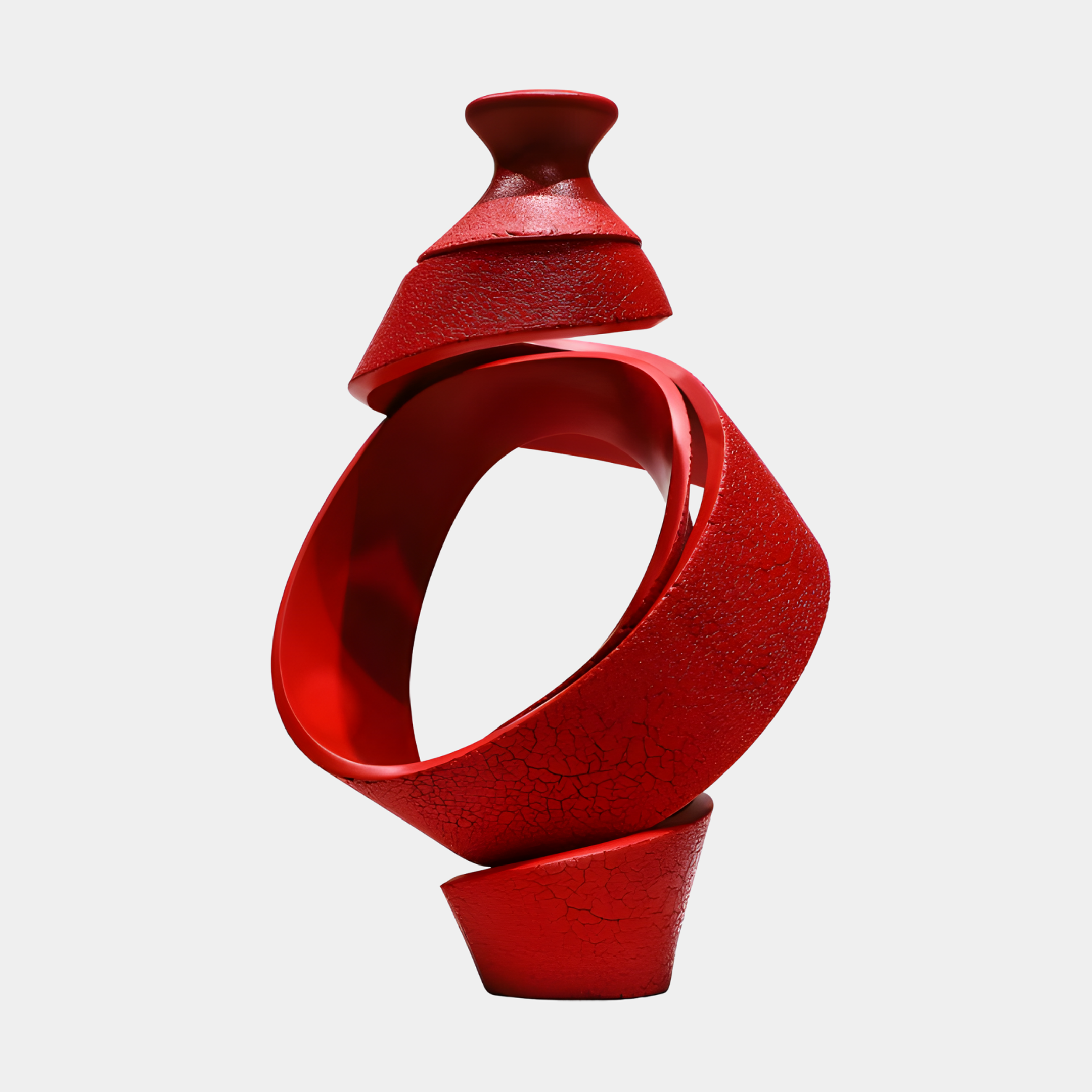 Red Abstract Twisted Ribbon Sculpture by Giant Sculptures, a 49cm 3D-printed resin vase form unravelling into a coiling crackle-textured ribbon, on a plain background.