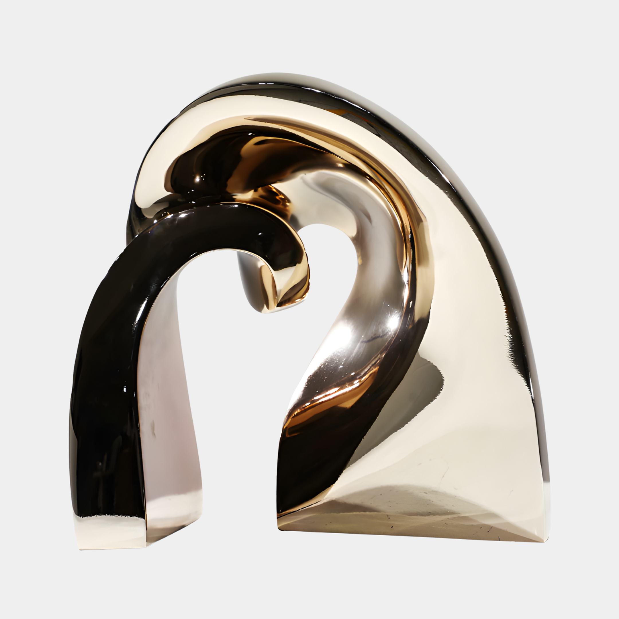 Giant Sculptures Gold Abstract Wave Sculpture 35cm with two interlocking curling wave forms in a mirror-gold electroplated finish, shown on a plain light background.