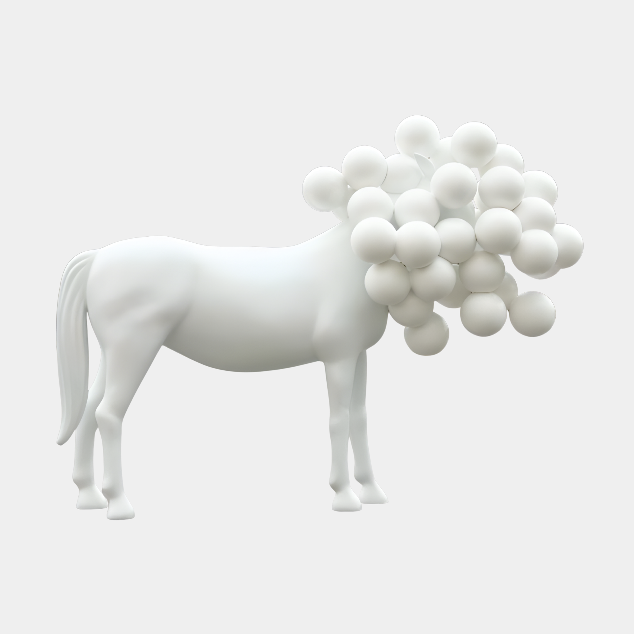 Giant Sculptures White Horse with Balloon Cluster Sculpture 160cm in matte white fibreglass, side view with head dissolving into floating balloons, plain background.
