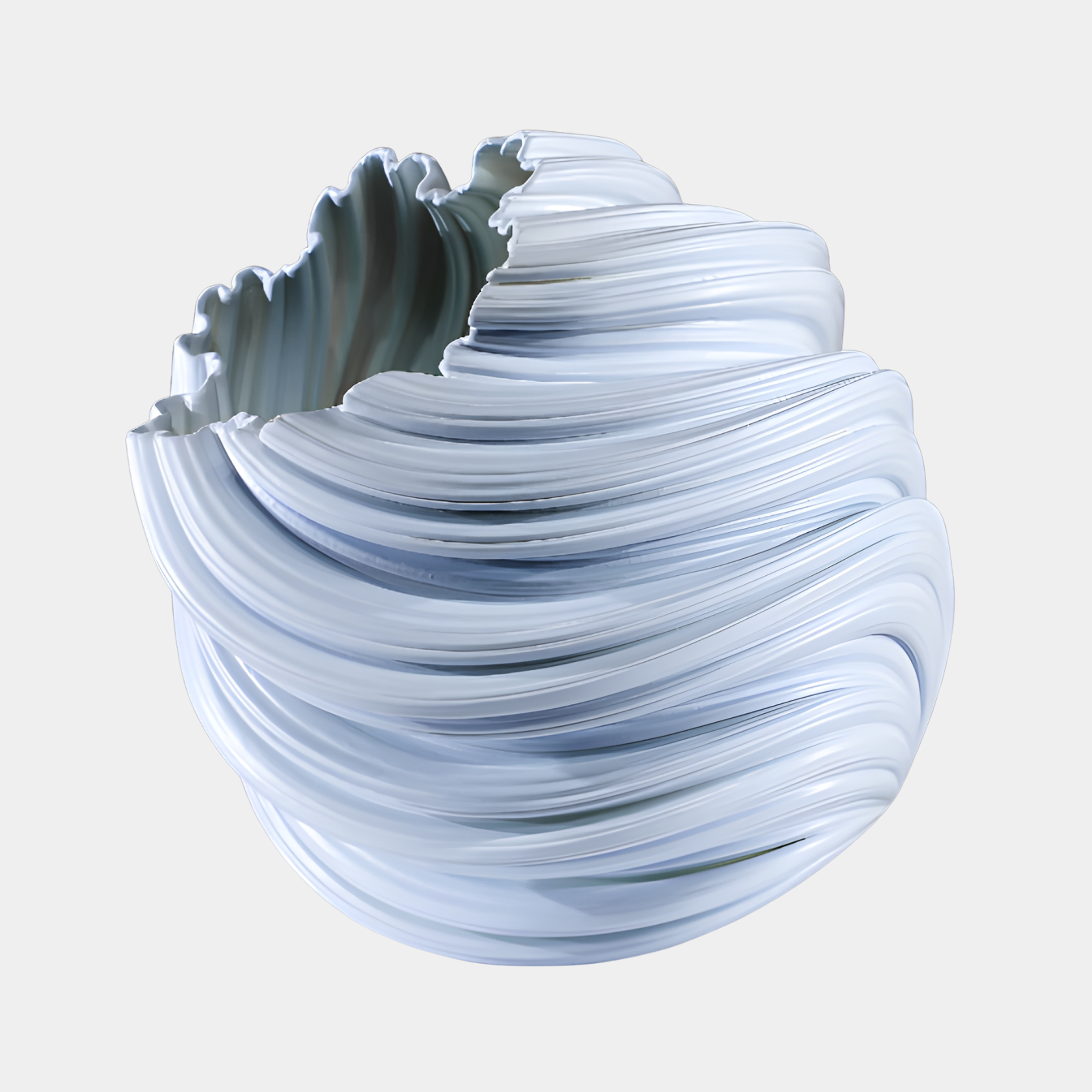 White Abstract Swirling Cocoon Sculpture by Giant Sculptures, a 30cm 3D-printed resin sphere of ribbon-like strands with a textured open top, on a plain background.
