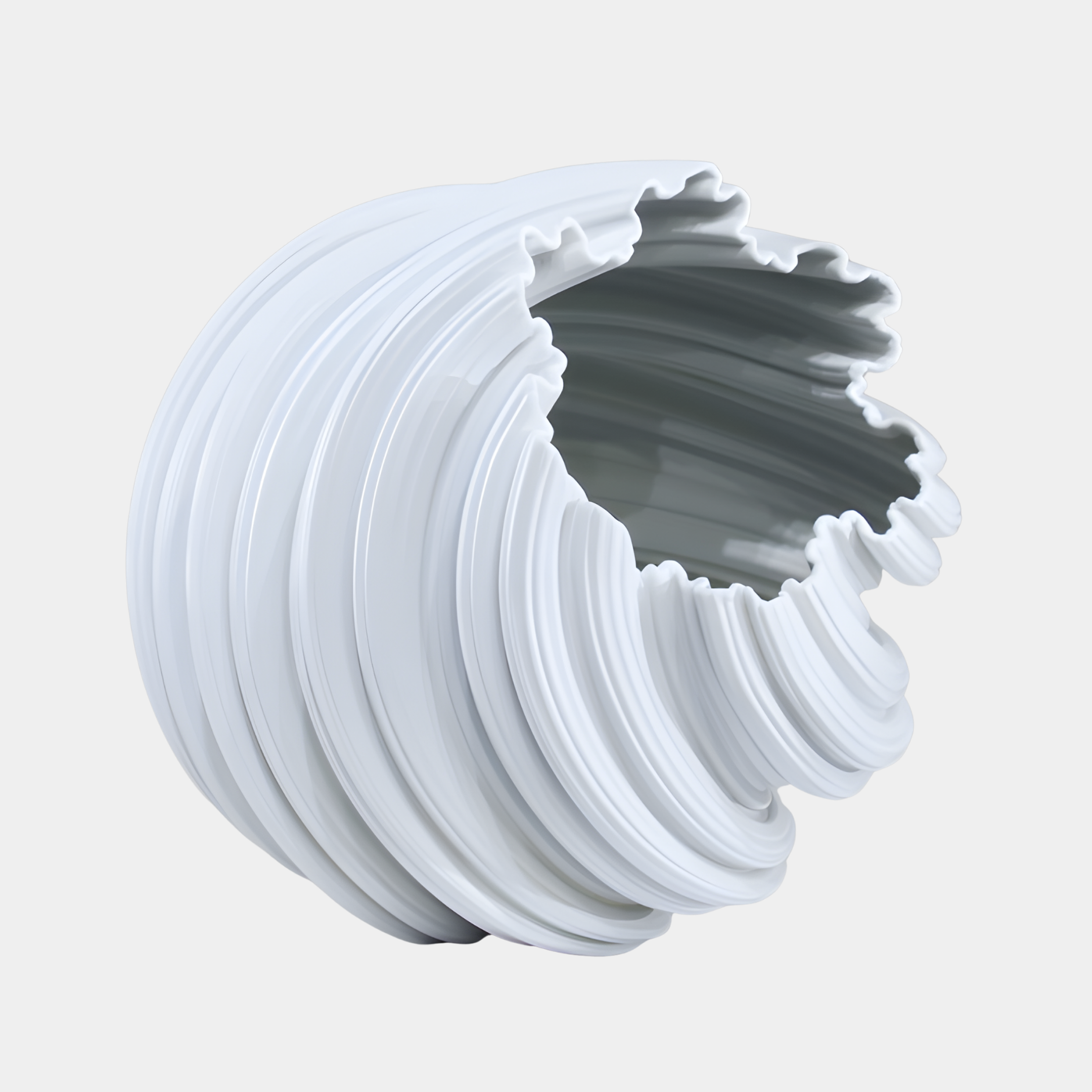 White Abstract Breaking Wave Sculpture 50cm by Giant Sculptures, a 3D-printed resin curling wave with smooth outer ridges and a ribbed hollow barrel, on a light background.