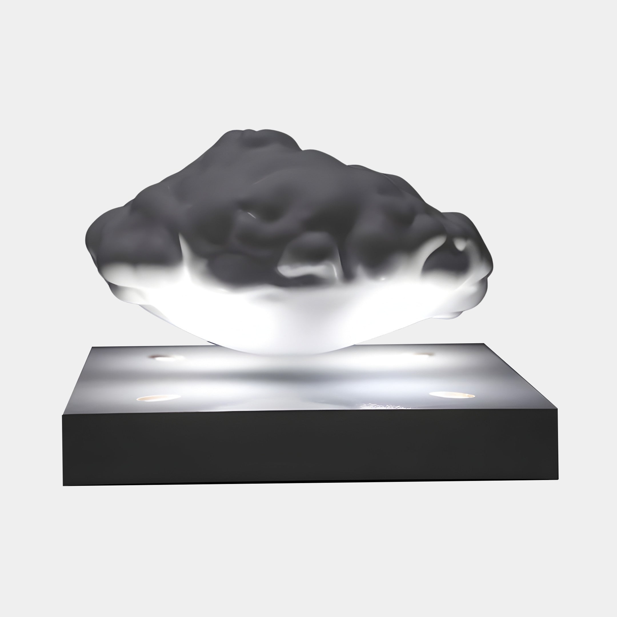 White Abstract Cloud Form with LED Lighting Sculpture by Giant Sculptures, 28cm 3D-printed resin cloud glowing above an illuminated black base on a plain background.
