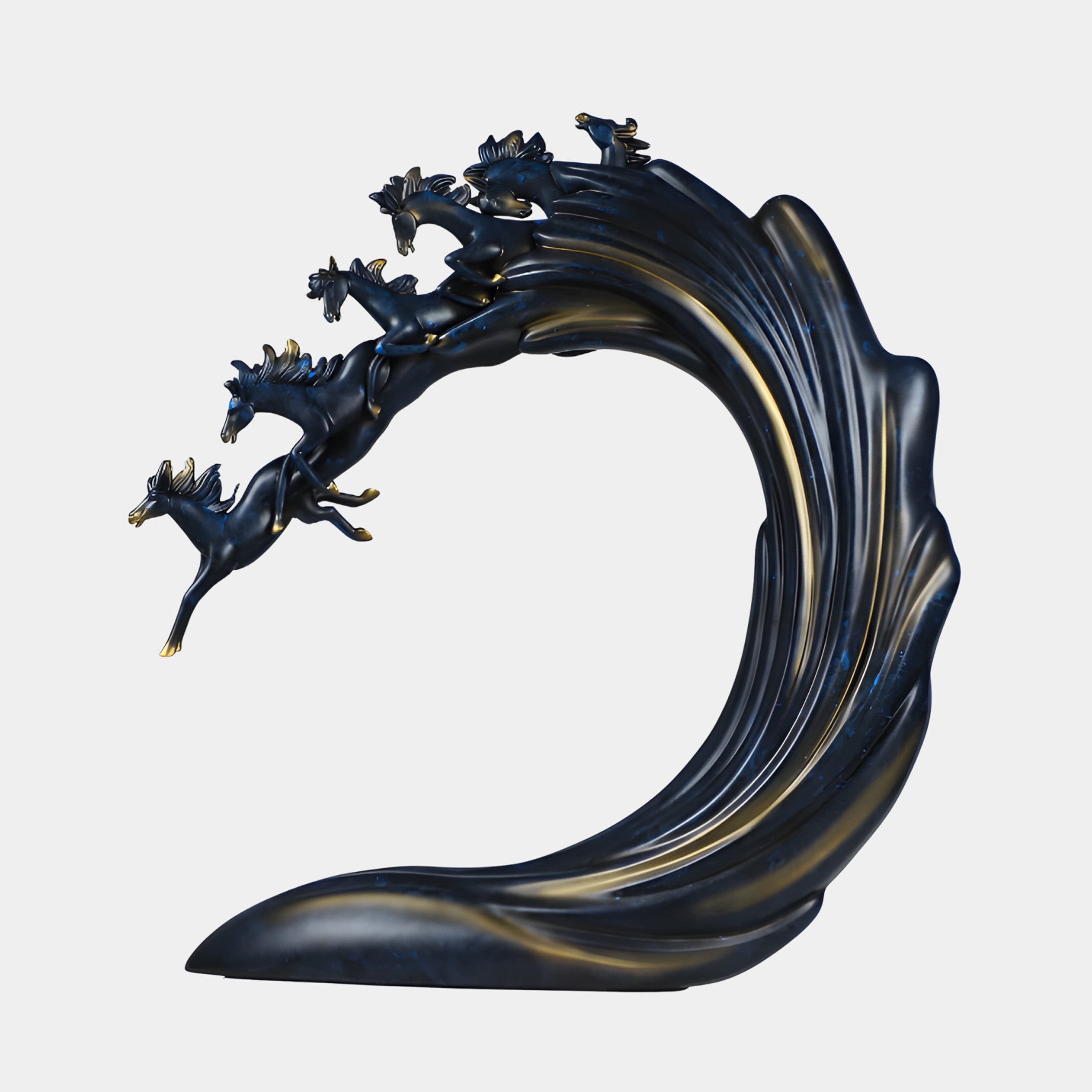 Giant Sculptures Black & Gold Wave with Galloping Horses Sculpture 73cm in midnight blue-black resin with gold highlights, shown side-on against a white background.