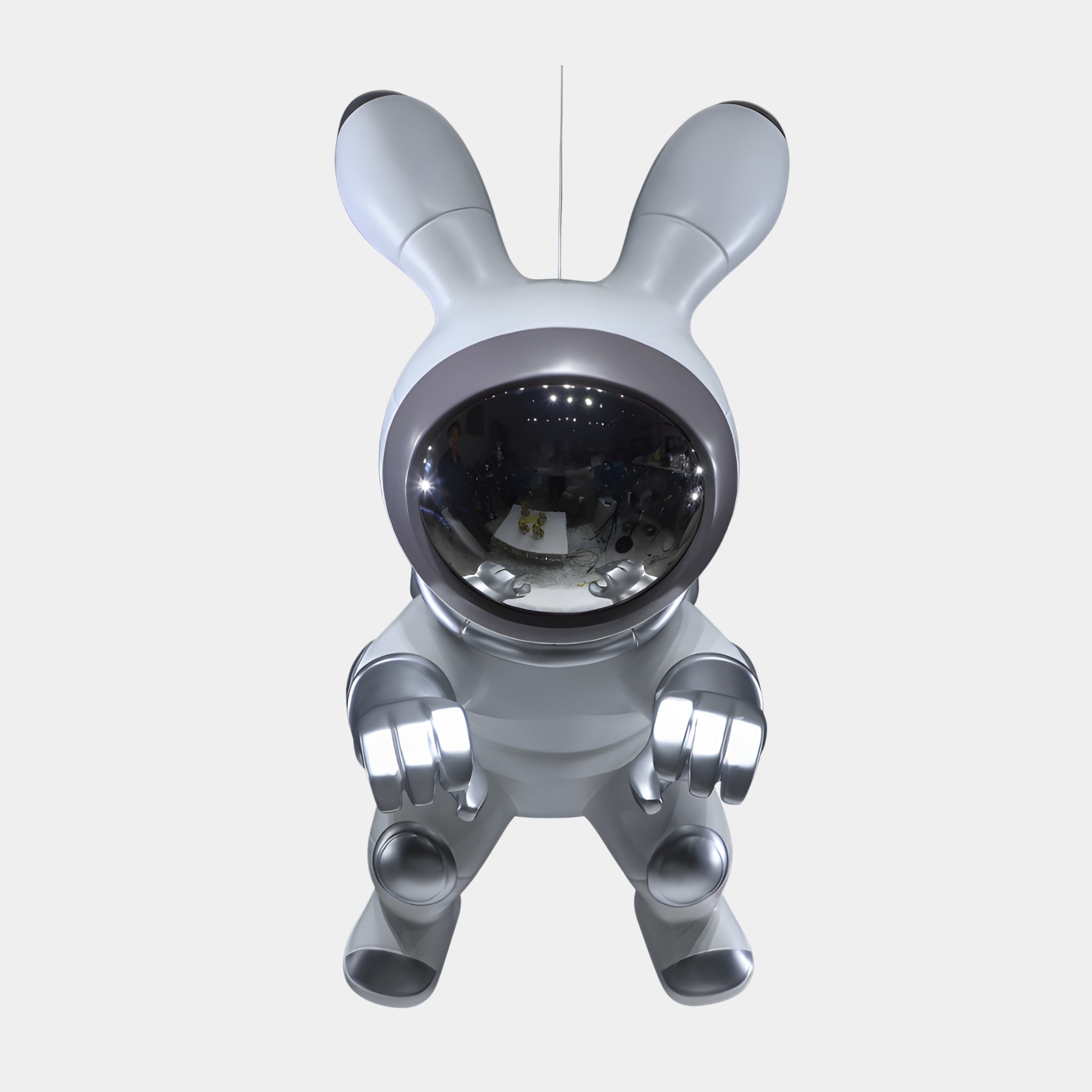 Front view of the Giant Sculptures White Rabbit Character with Chrome Helmet Sculpture 107cm, showing tall ears, domed mirrored visor, and chrome paws and feet.