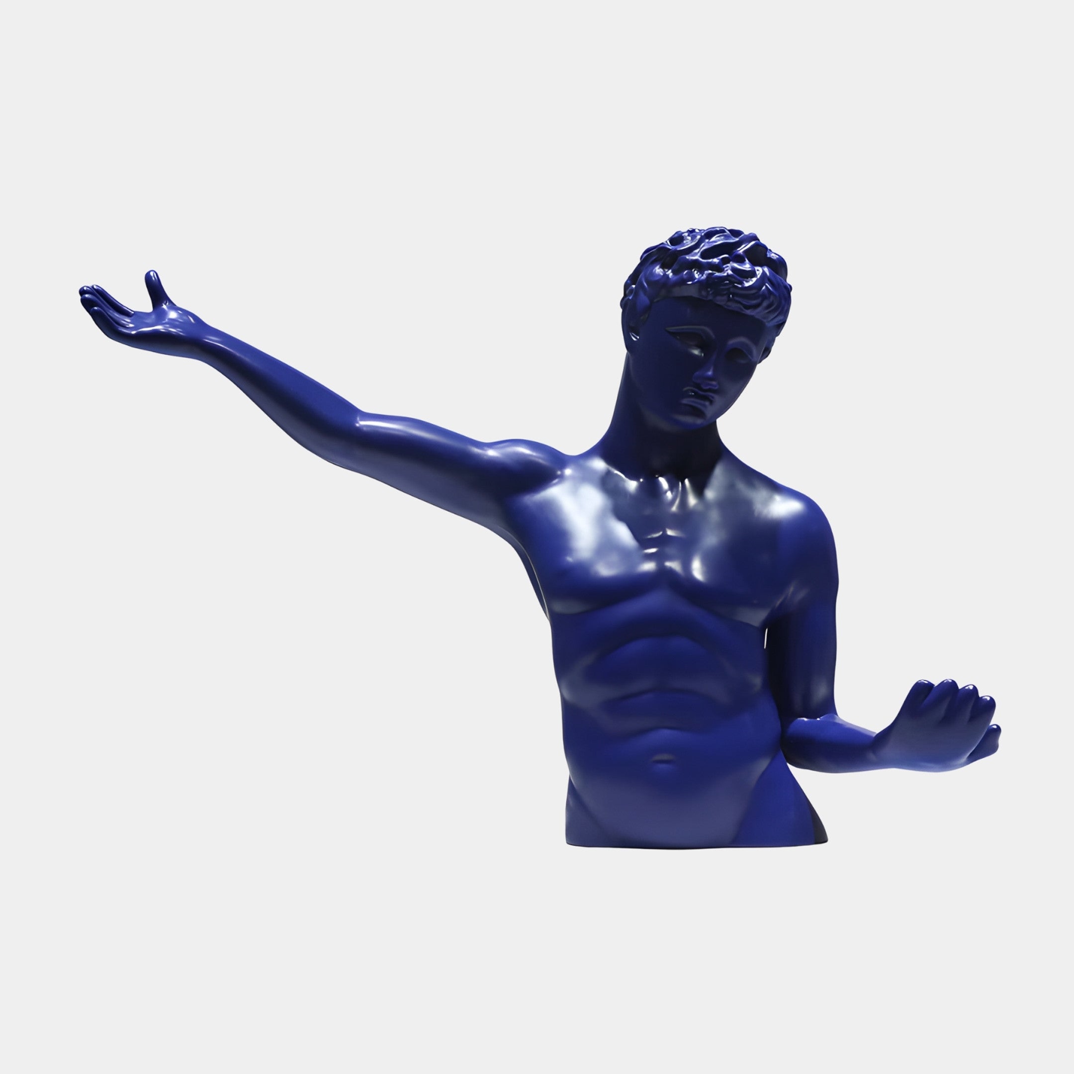 Blue Abstract Male Torso Sculpture by Giant Sculptures, a 56cm 3D-printed resin classical figure in glossy cobalt with one arm extended, on a plain background.
