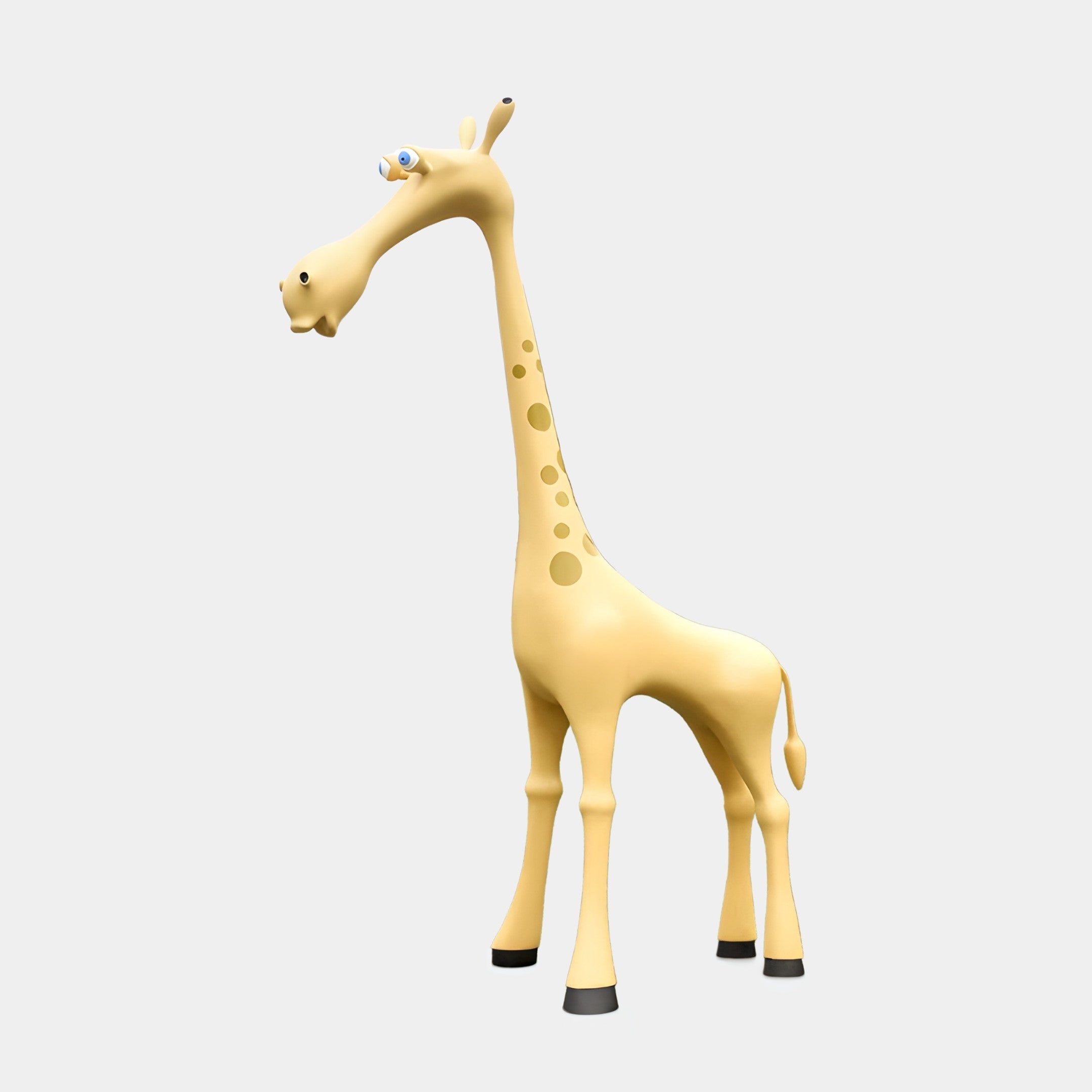 Yellow Standing Giraffe Sculpture 280cm by Giant Sculptures, a cartoon-style fibreglass figure with long curving neck, big eyes, and spots, on a white background.