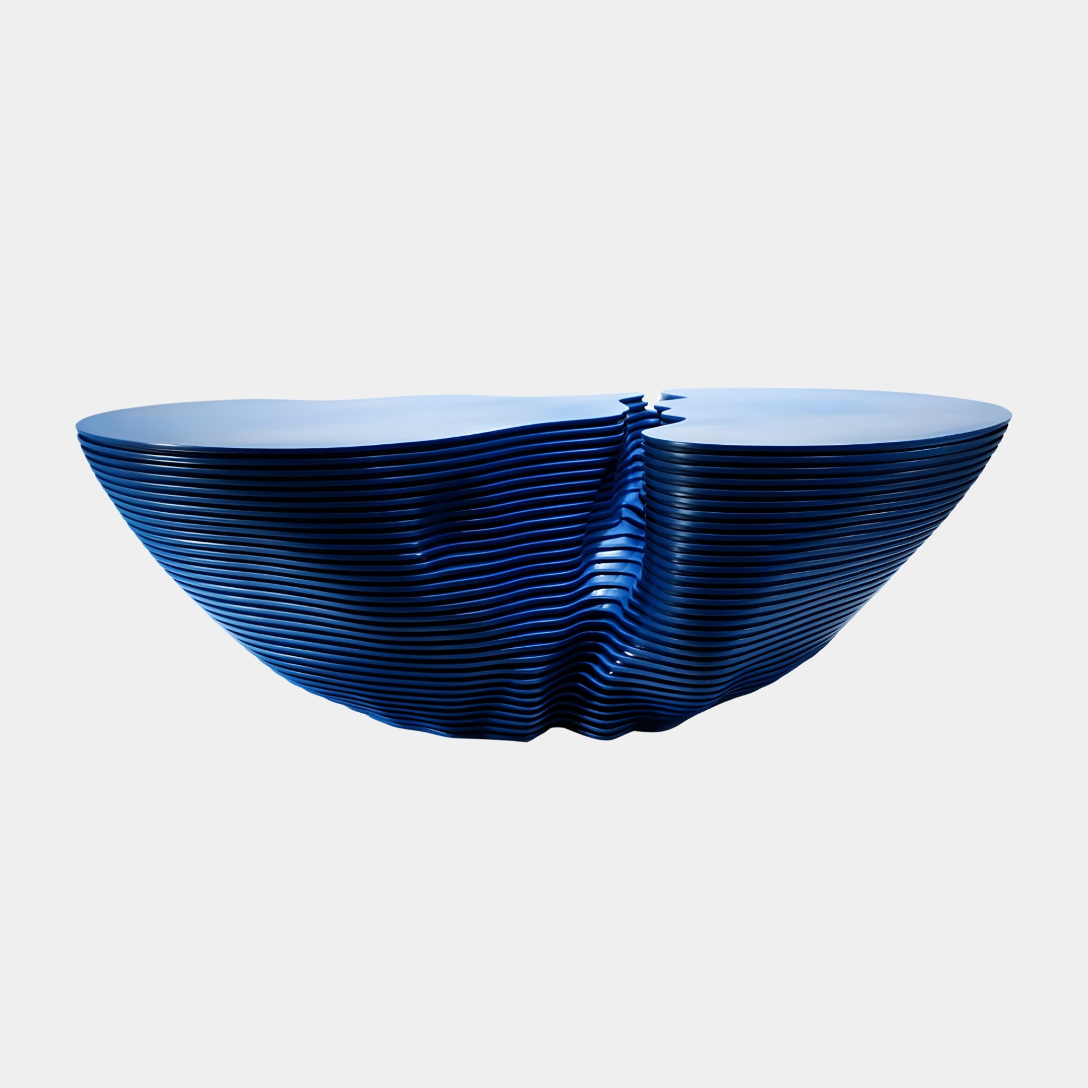 Blue Ribbed Bowl 110cm by Giant Sculptures, a 3D-printed resin sculpture with stacked horizontal ribs splitting at the center, glossy cobalt finish, on a white background.