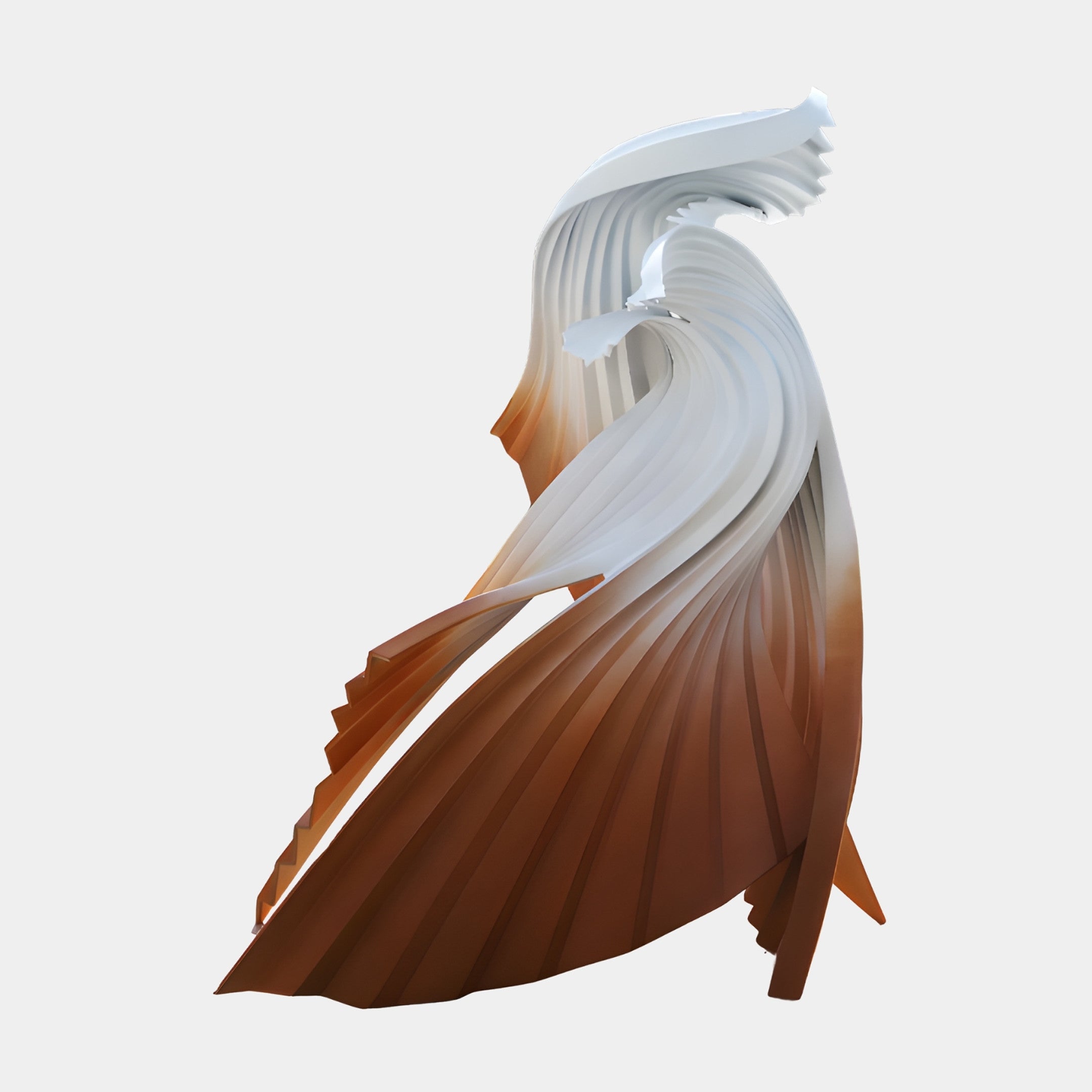 Giant Sculptures Orange & White Pleated Abstract Wave Form Sculpture 170cm in 3D-printed resin with ribbed folds cresting like a wave, on a white background.