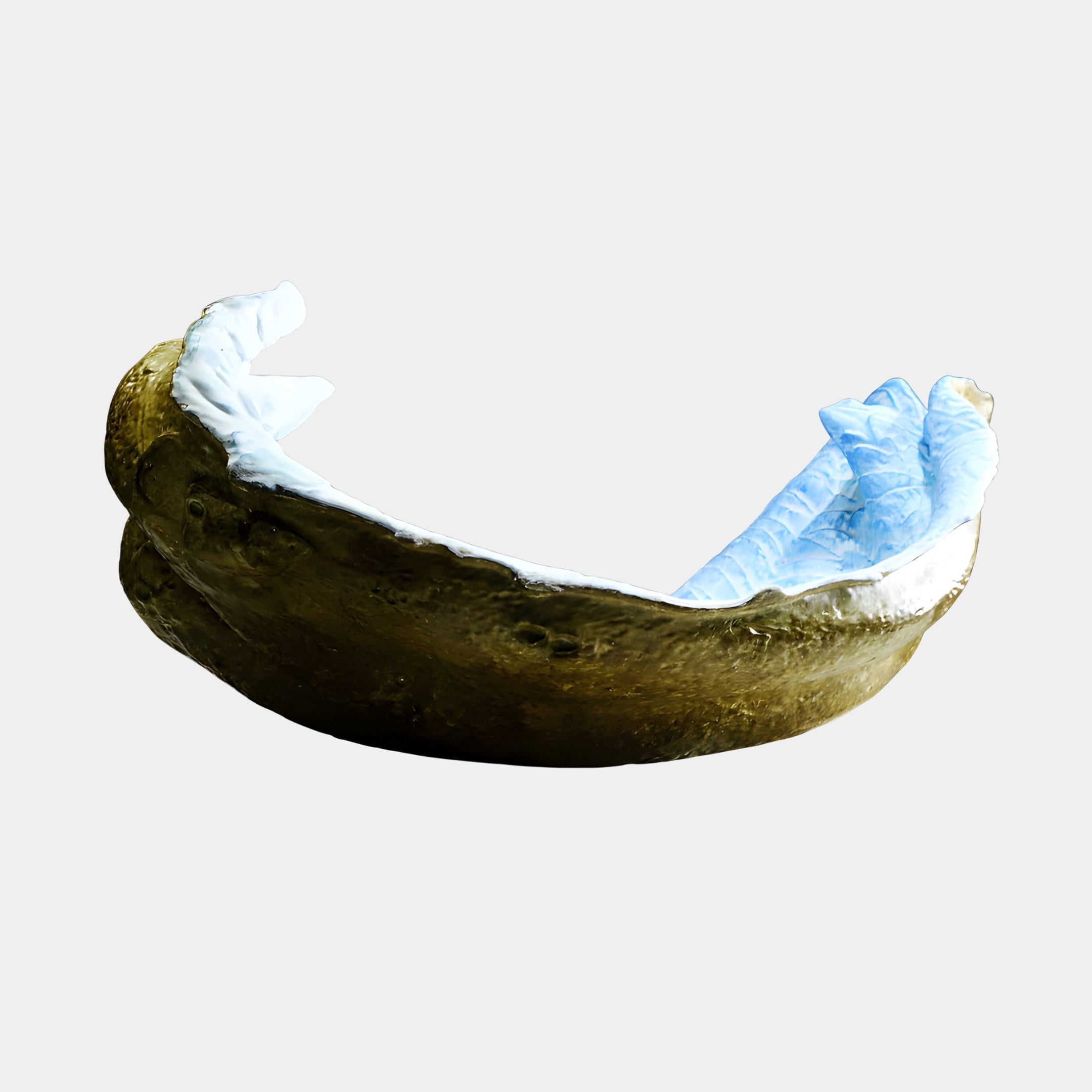 Gold & Blue Abstract Organic Crescent Bowl by Giant Sculptures, a 120cm 3D-printed resin vessel with rugged bronze-gold exterior and marbled pale-blue interior.