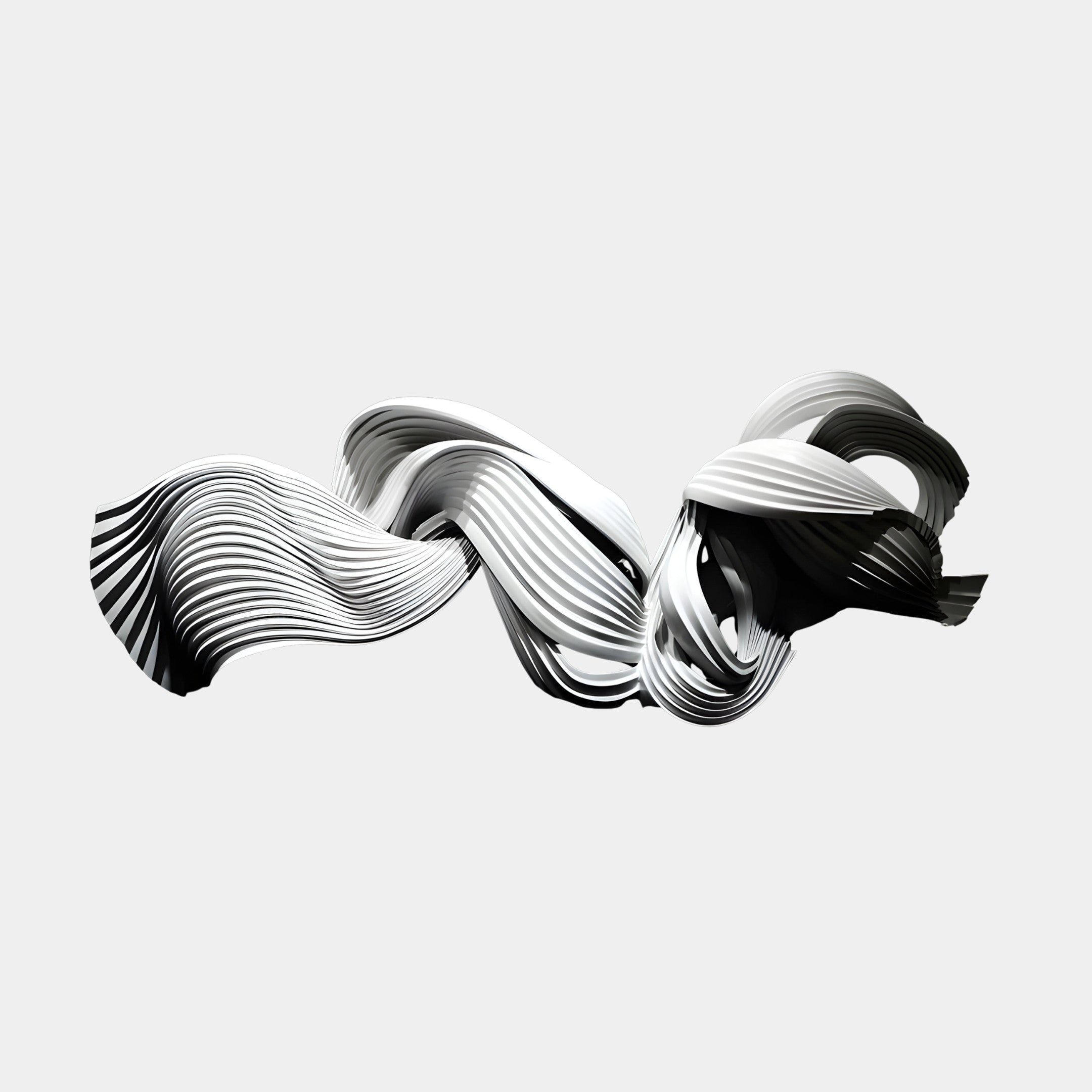 Giant Sculptures Black & White Pleated Abstract Ribbon Sculpture, 230cm, 3D-printed resin with white pleated top and black underside, shown on a plain light background.