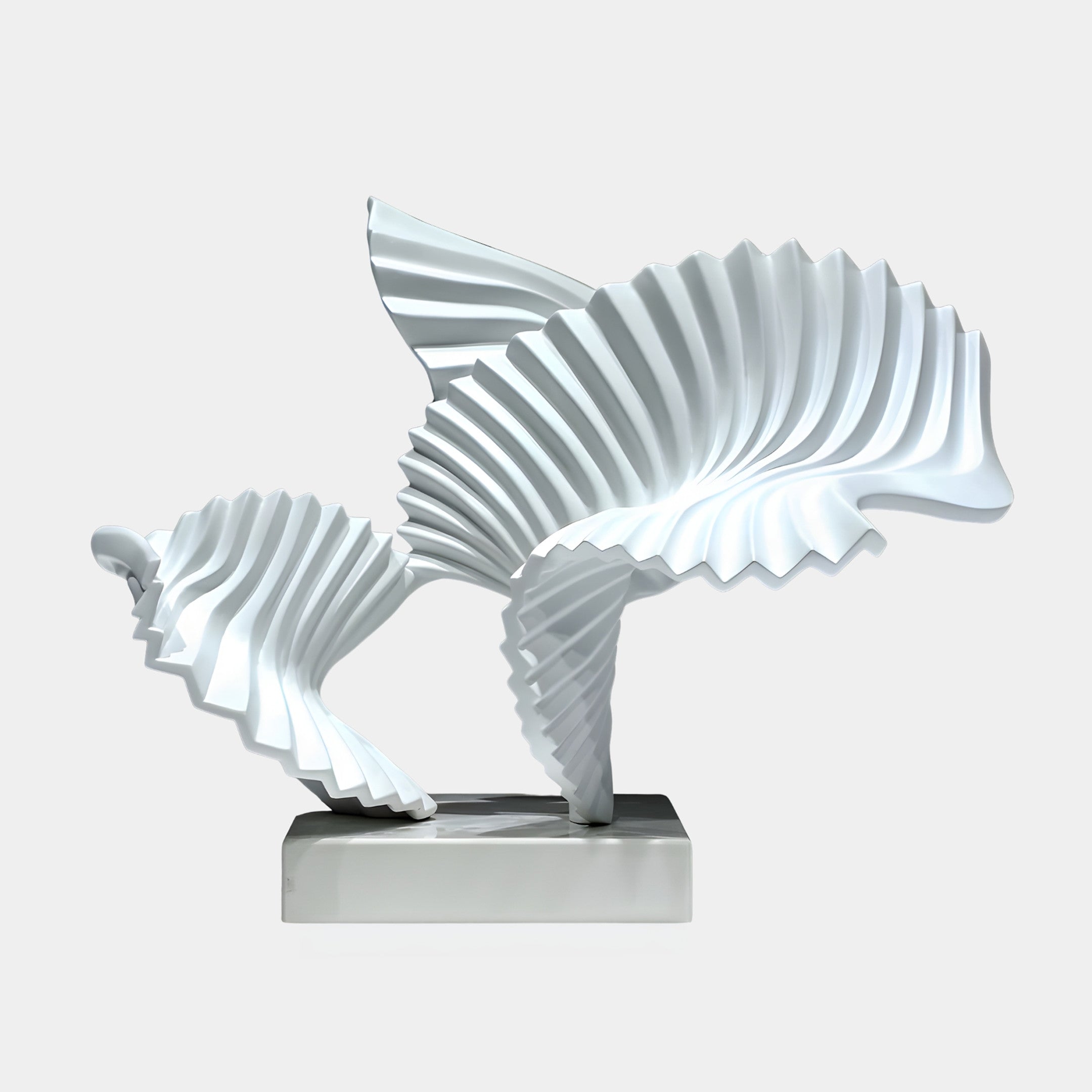 White Pleated Abstract Twin Fish Sculpture by Giant Sculptures, 50cm, showing two ribbed fish with fanned fins on a marble base against a plain background.