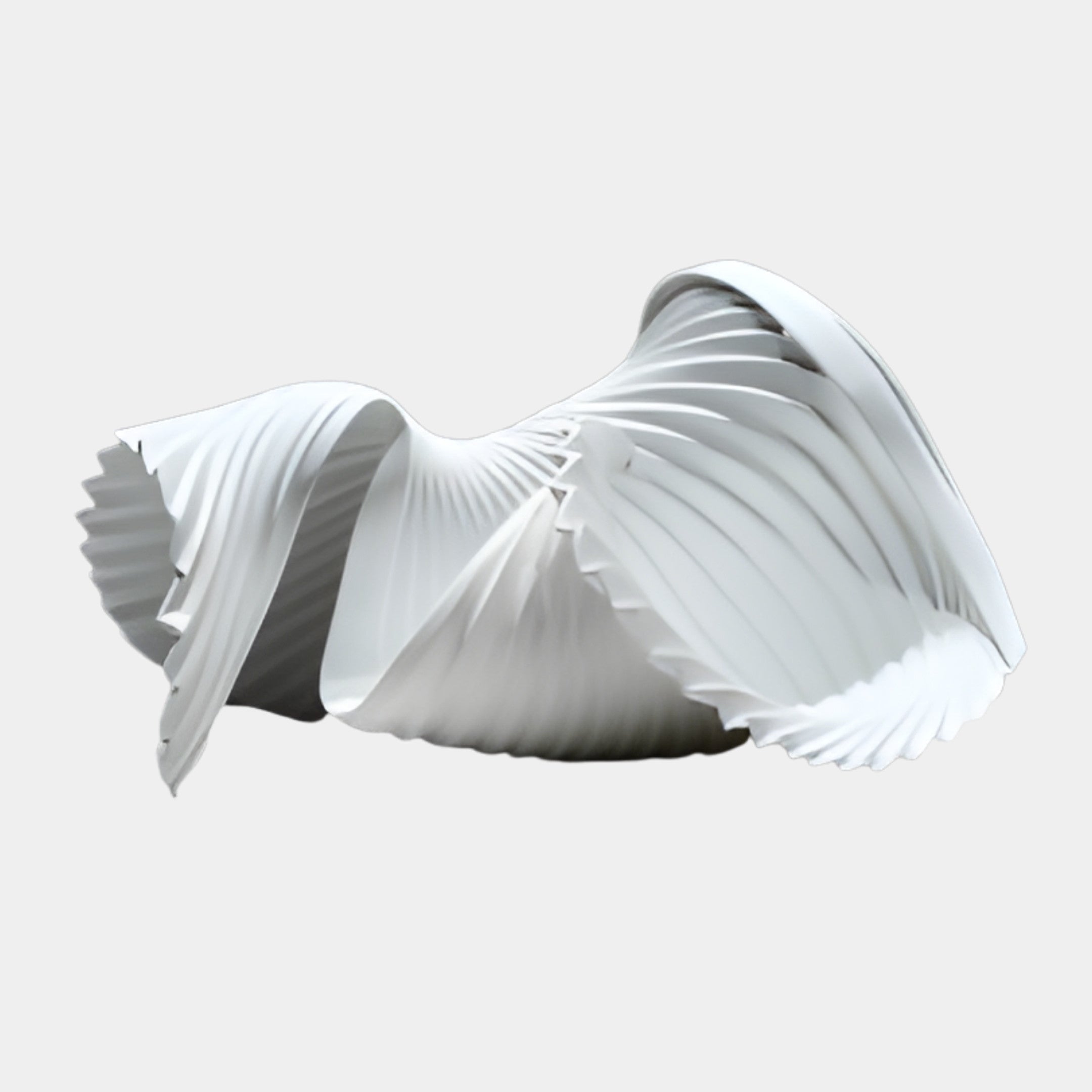 Giant Sculptures White Pleated Abstract Wave Sculpture, 67cm, in 3D-printed resin with finely ribbed folds curling into a cresting wave, on a plain background.