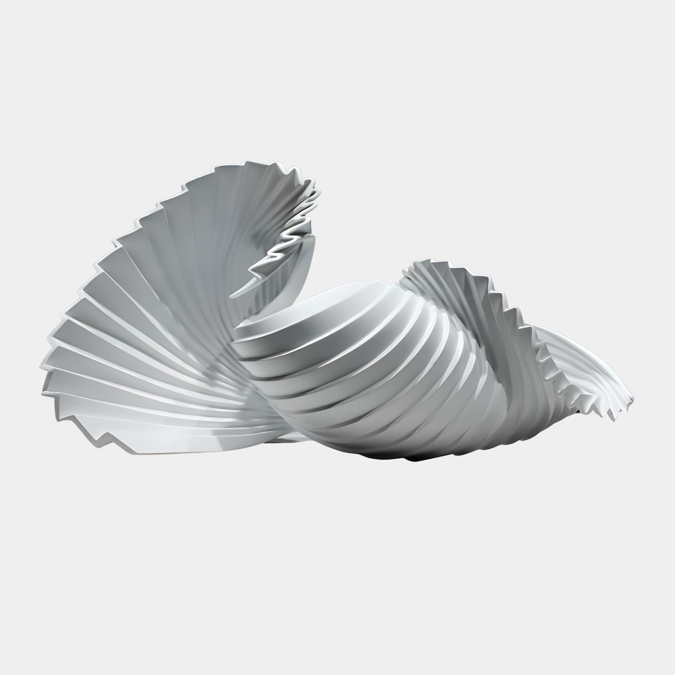Giant Sculptures White Pleated Undulating Wave Sculpture 56cm in fibreglass, showing twin fanned ribbed forms curling in flowing motion against a plain background.