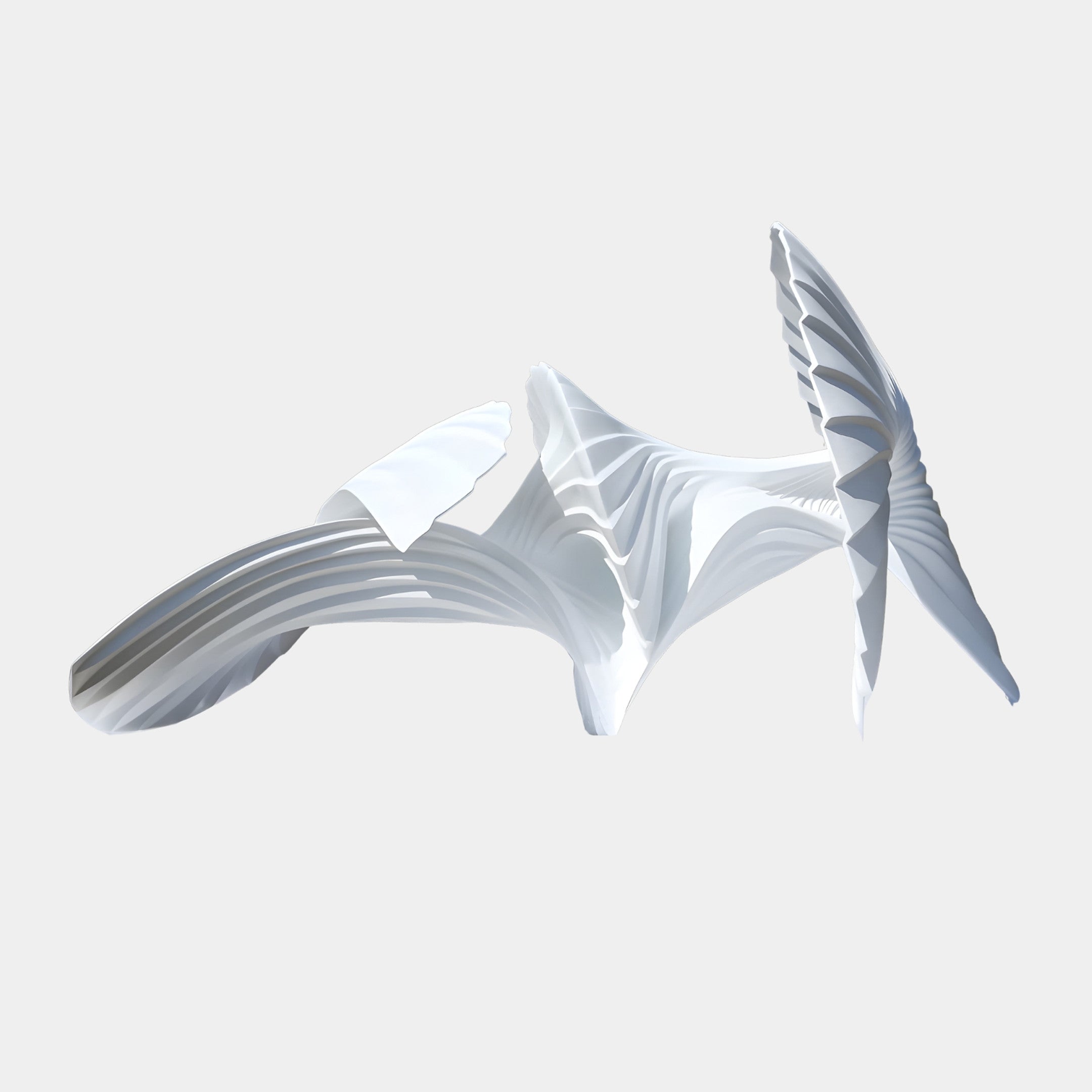 Giant Sculptures' White Pleated Abstract Flying Ray Sculpture in 3D-printed resin, with finely ribbed wings sweeping in soaring motion against a plain background.