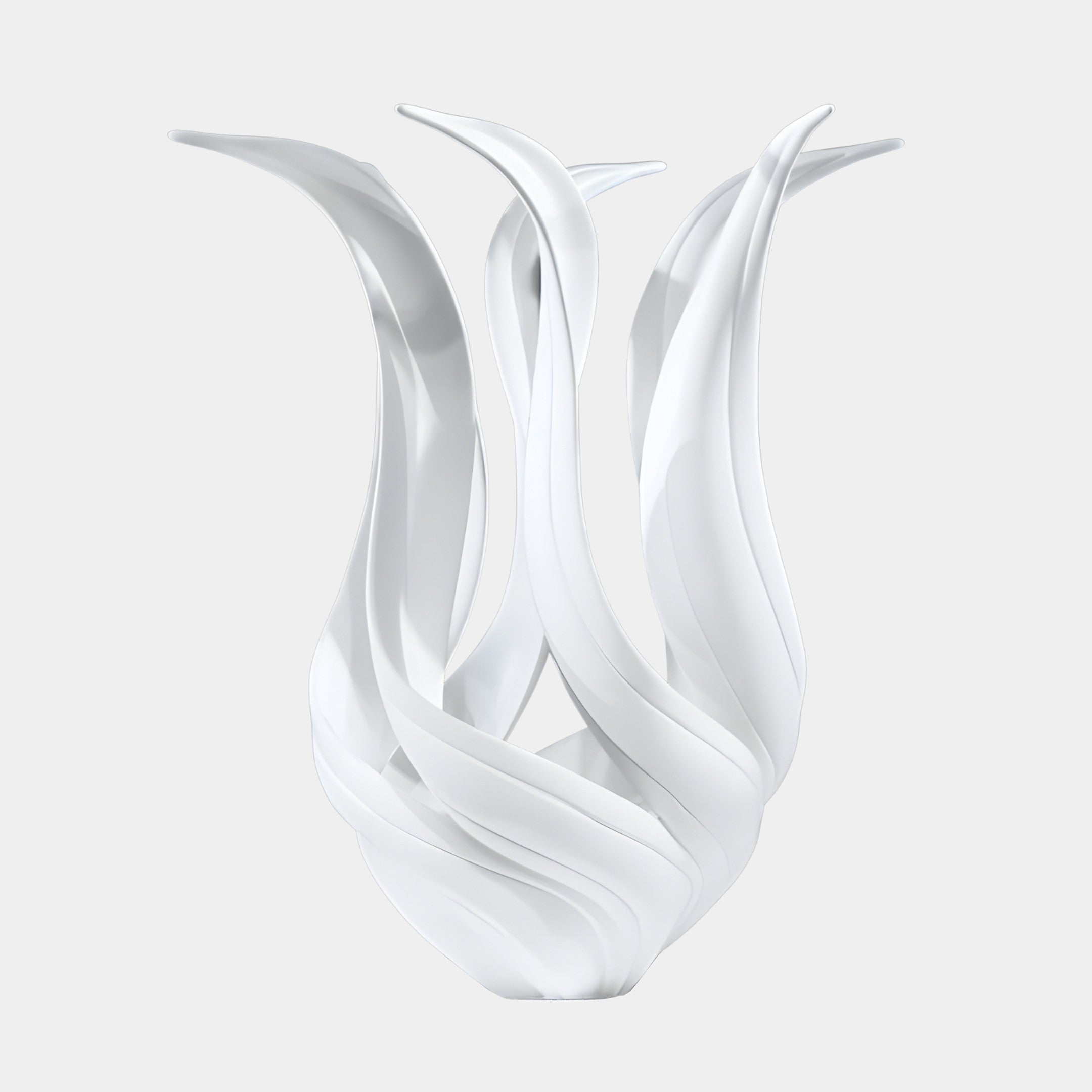 White Abstract Tulip Vase Form Sculpture by Giant Sculptures, 45cm, glossy 3D-printed resin with twisting petal-like forms rising upward, shown on a plain light background.