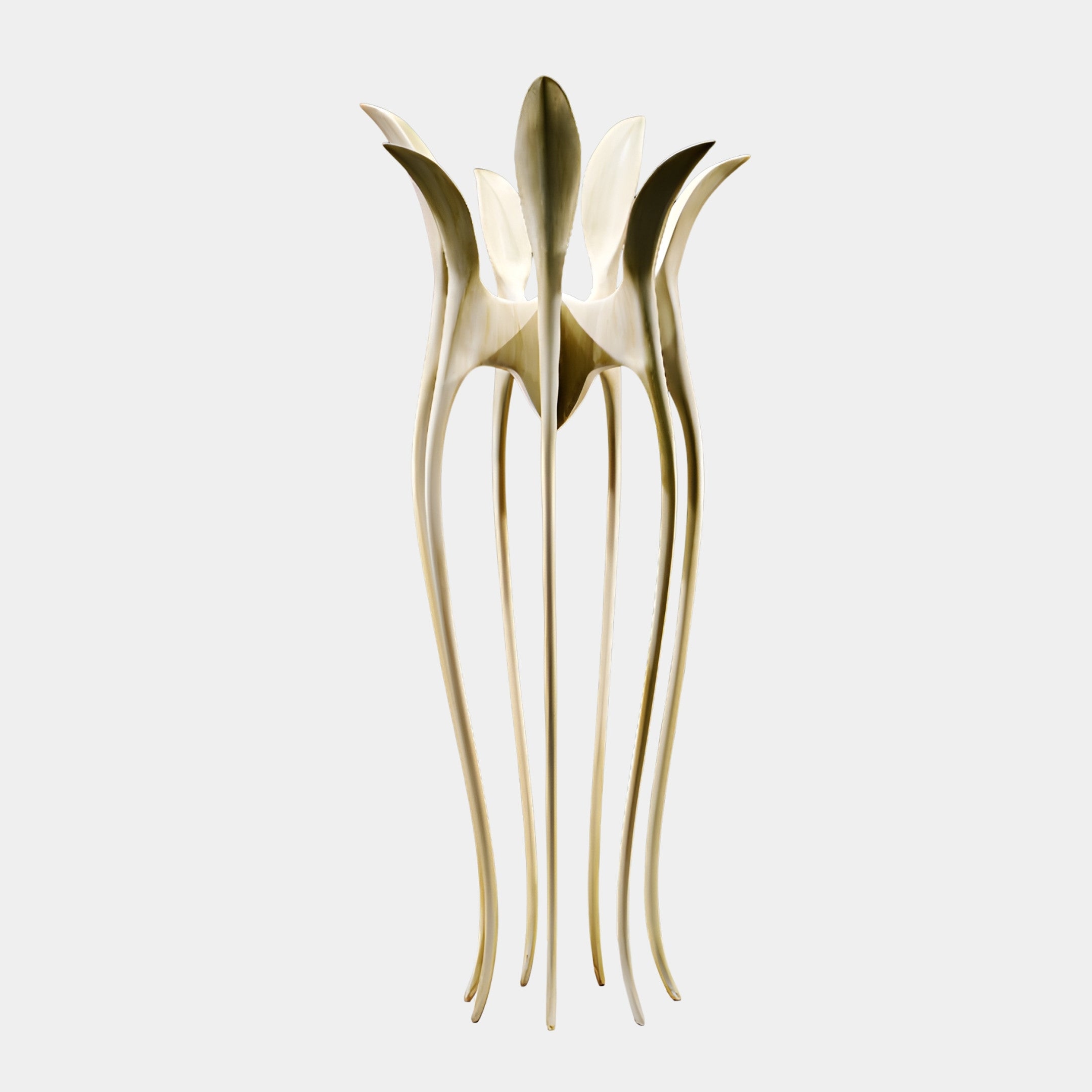 Giant Sculptures Gold Abstract Lily Stems Sculpture 150cm, slender brushed-gold 3D-printed resin stems rising into lily-like blooms, shown on a plain white background.