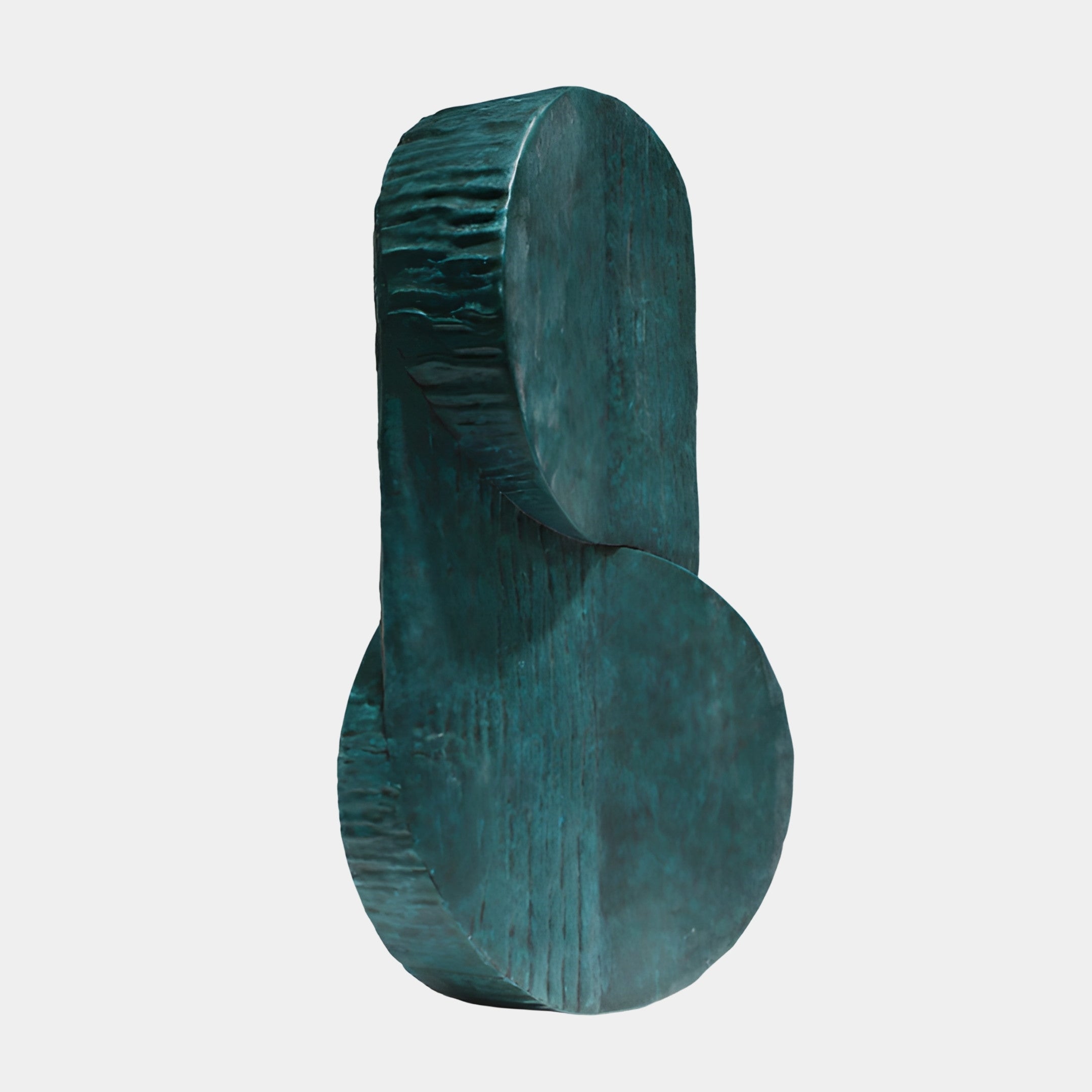 Teal Abstract Geometric Totem Sculpture by Giant Sculptures, 85cm, stacked oval and disc forms in mottled verdigris-bronze finish, shown on a plain background.