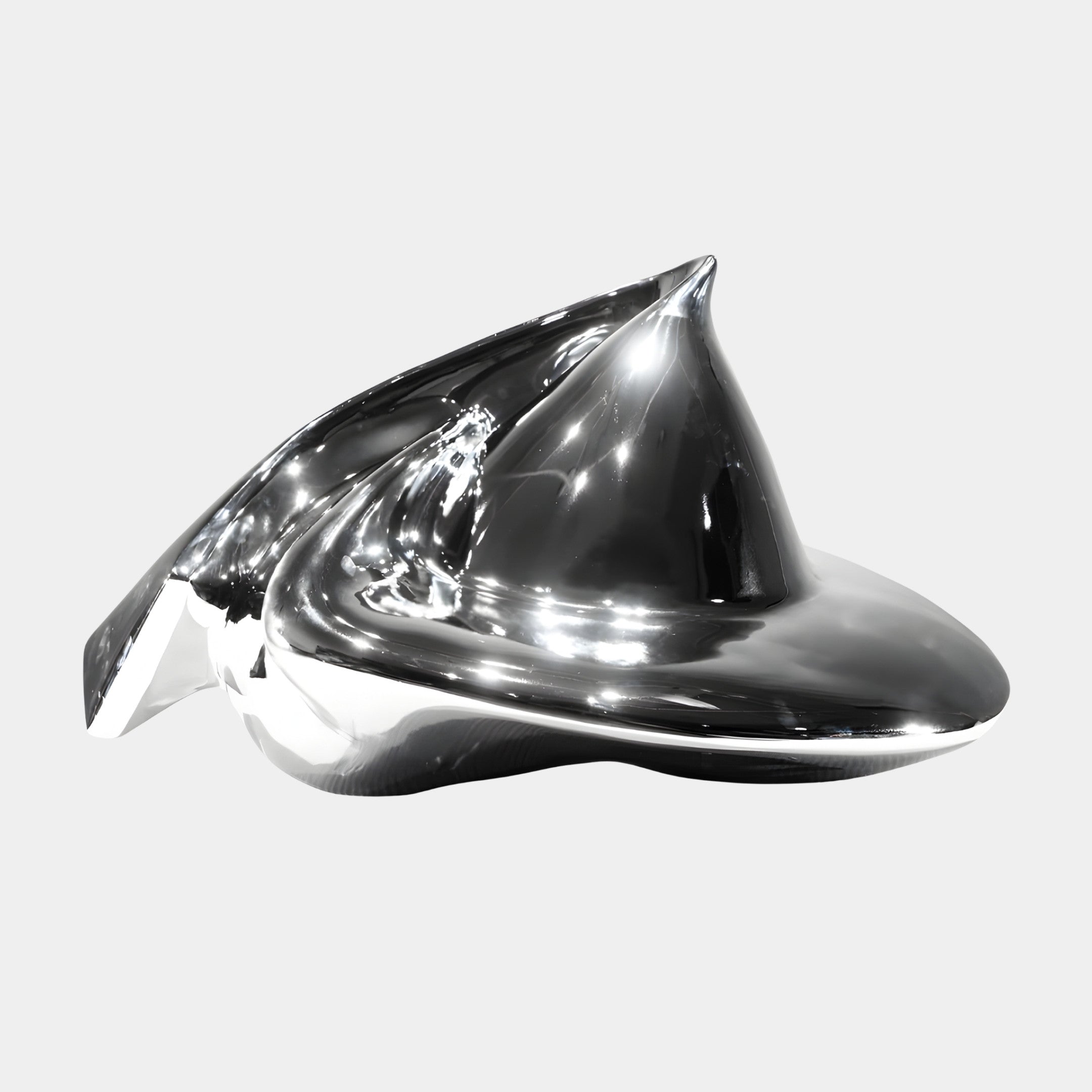 Giant Sculptures Silver Fluid Abstract Form Sculpture 120cm in mirror-silver electroplated resin with swooping organic curves, shown on a plain light background.