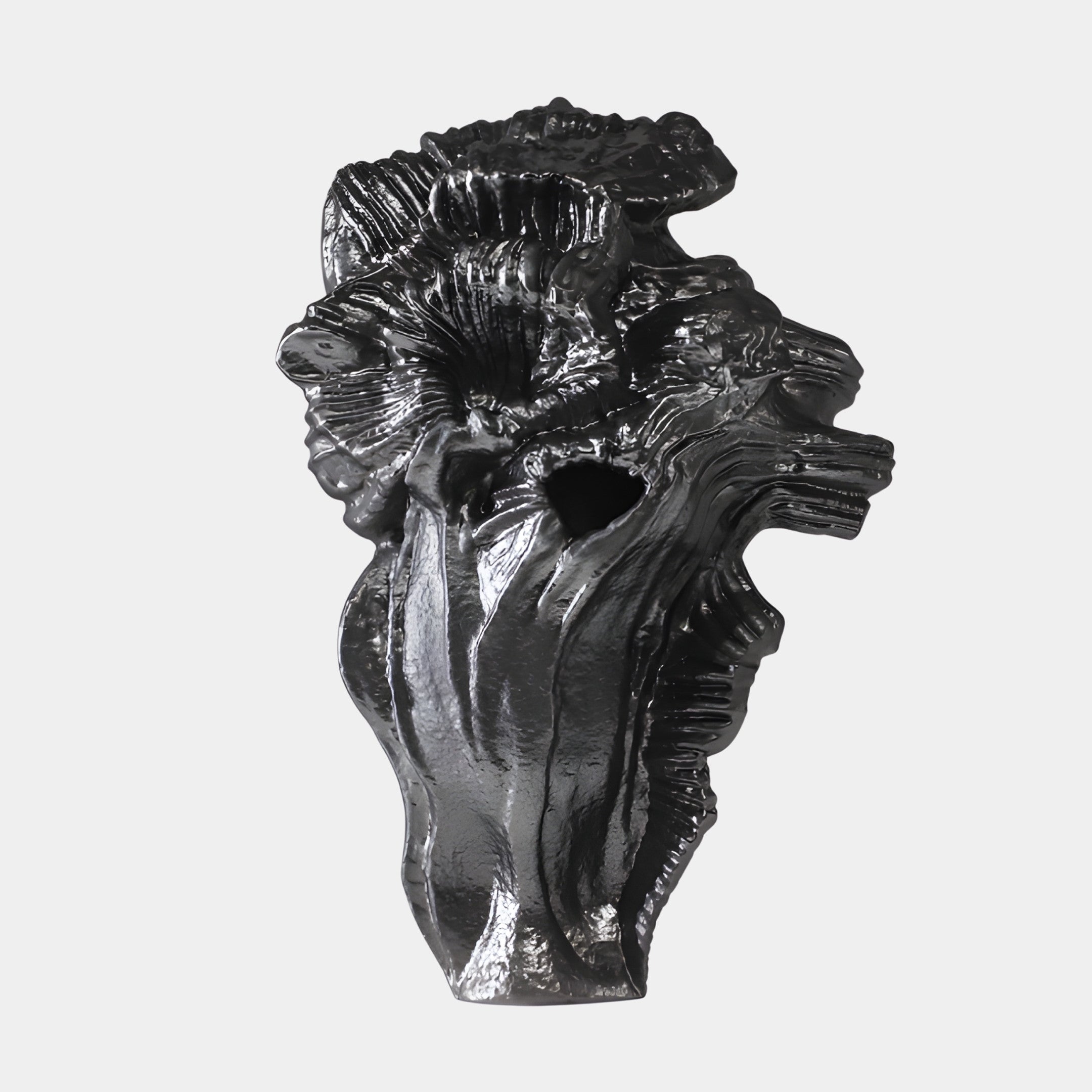 Black Abstract Organic Coral Form Sculpture by Giant Sculptures, 50cm of 3D-printed resin with glossy black ruffled ridges and folds, on a plain background.