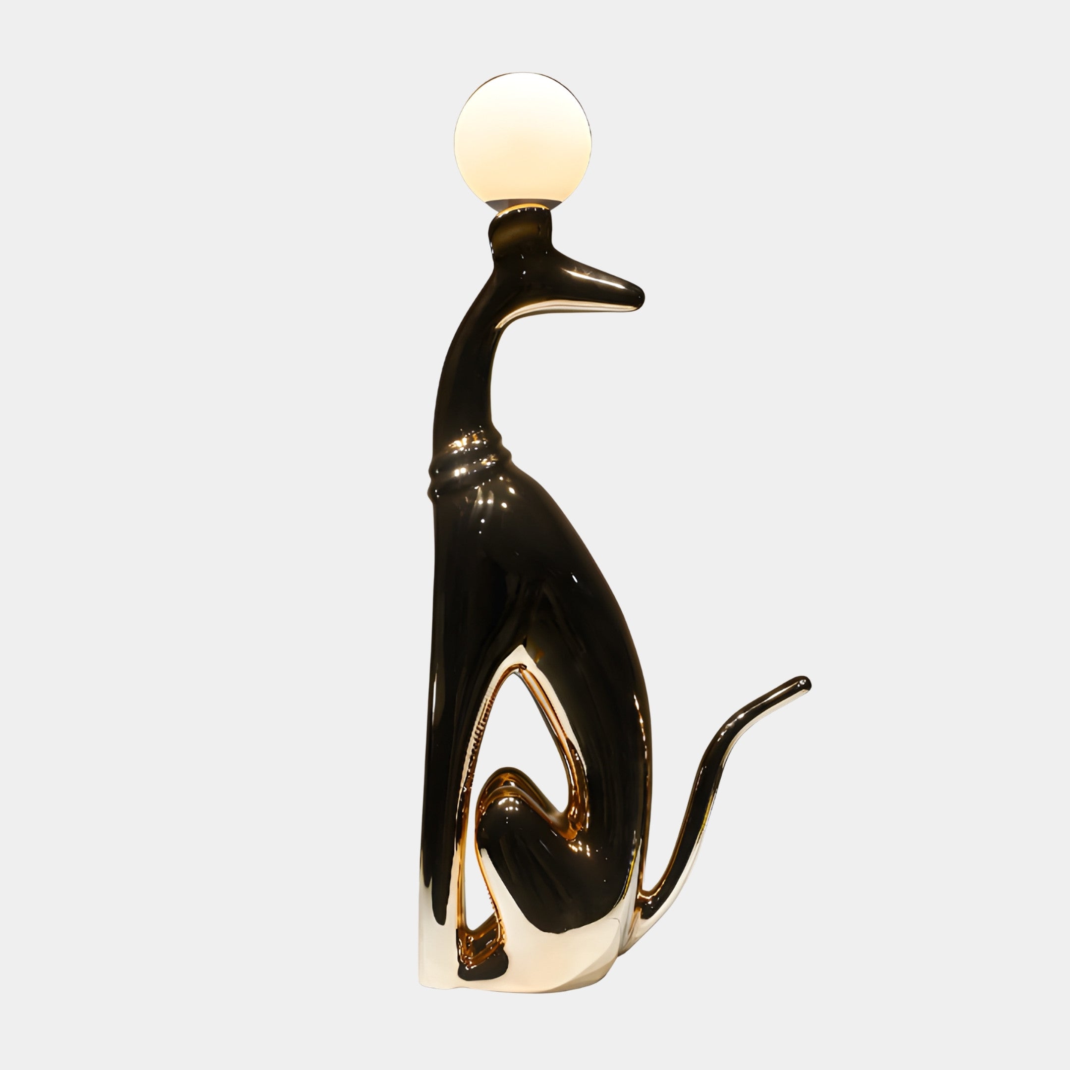 Giant Sculptures Black & Gold Abstract Greyhound with Globe Light Sculpture 117cm, seated upright in glossy black and gold resin balancing a lit globe on its nose.
