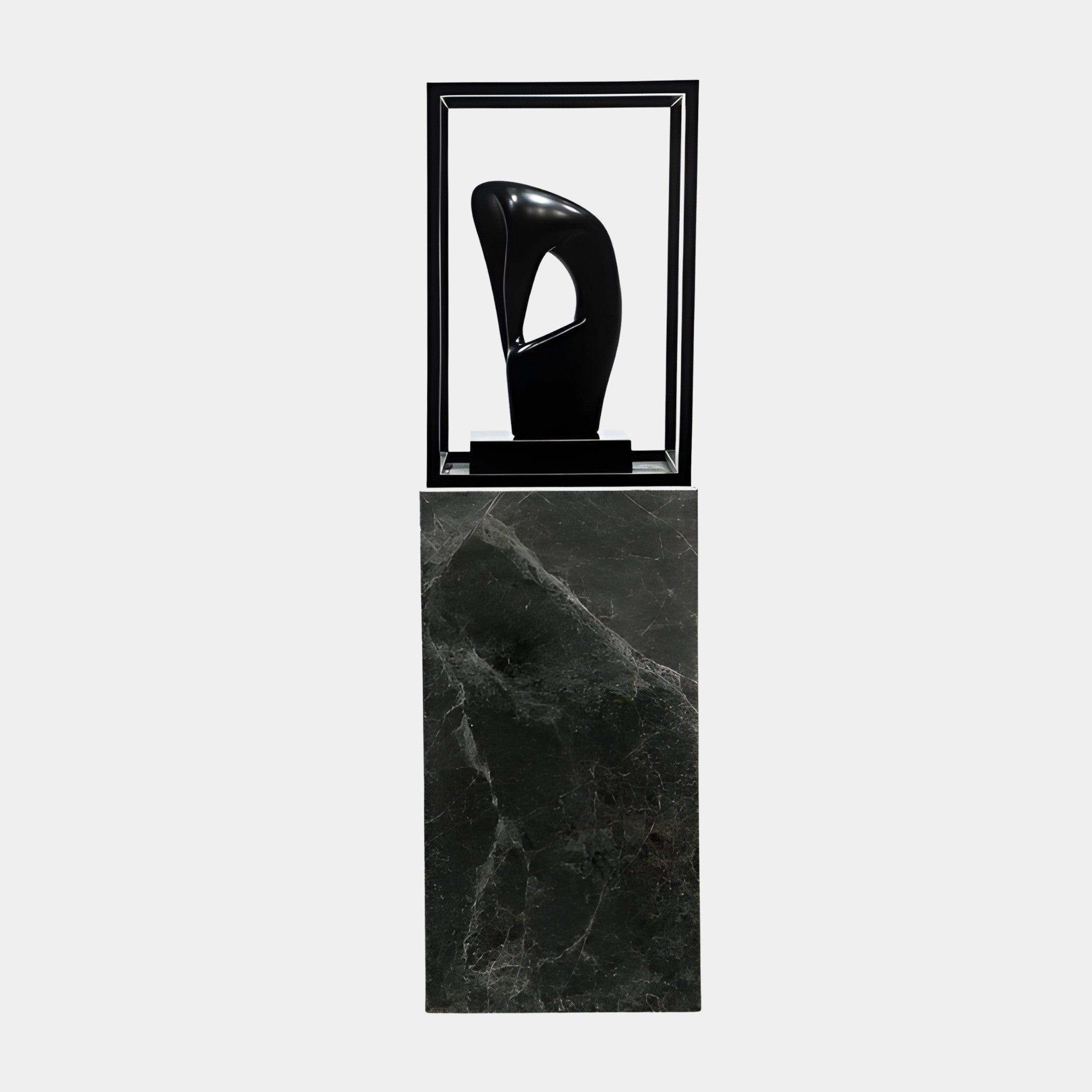 Giant Sculptures' Black Frame Abstract Bird Silhouette Sculpture in glossy 3D-printed resin, set in a slim black frame on a dark marble plinth against white.