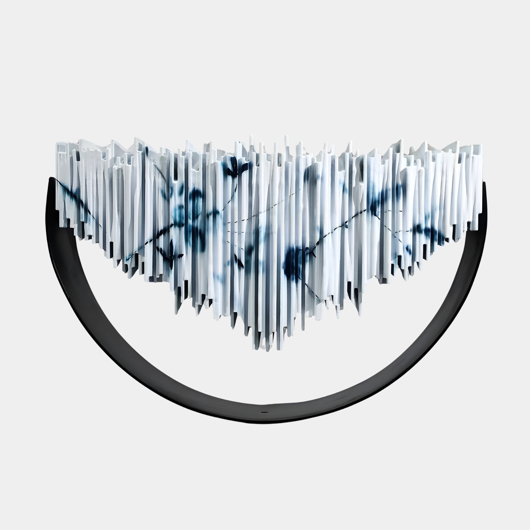 Giant Sculptures White & Blue Abstract Rain Curtain in Halo Sculpture, 75cm, with vertical resin strands marbled in inky blue inside a black metal ring.