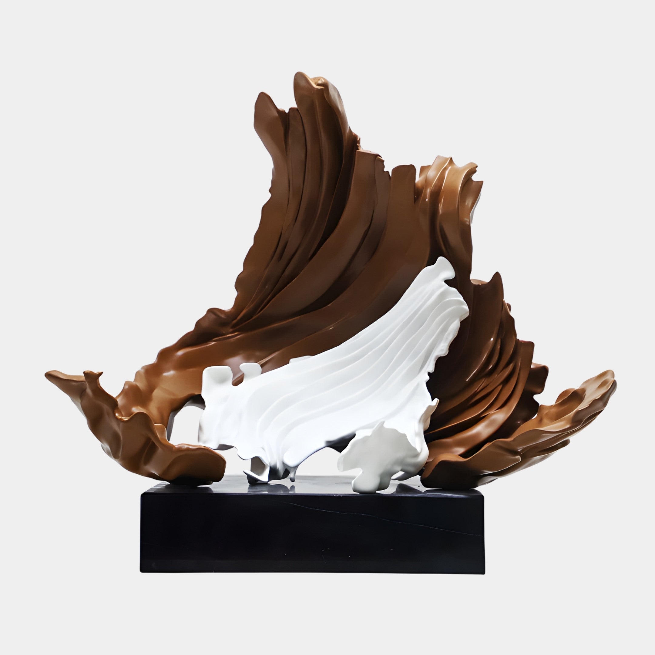 Giant Sculptures Brown & White Abstract Flowing Wave Sculpture in 3D-printed resin, with curling chocolate-brown crests and white spray on a black marble base.