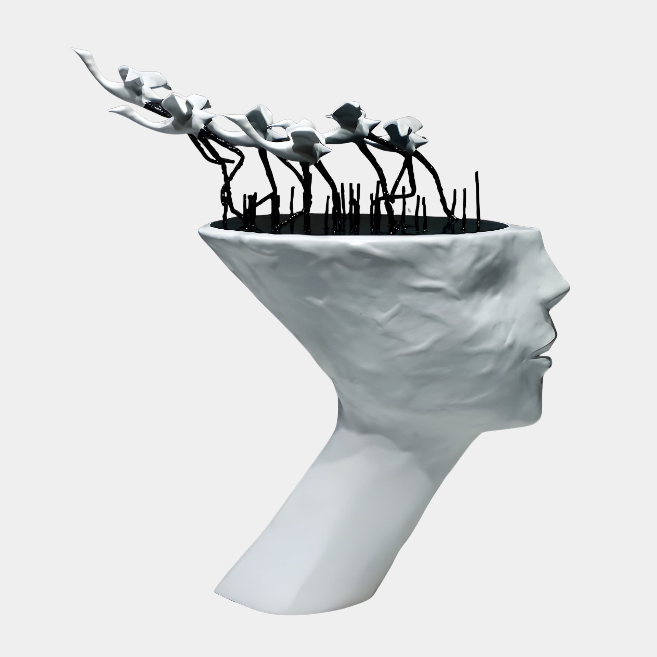 White Abstract Wired Open-Head Figure Sculpture by Giant Sculptures, side profile in 3D-printed resin with black stems and white blooms streaming from the open crown.