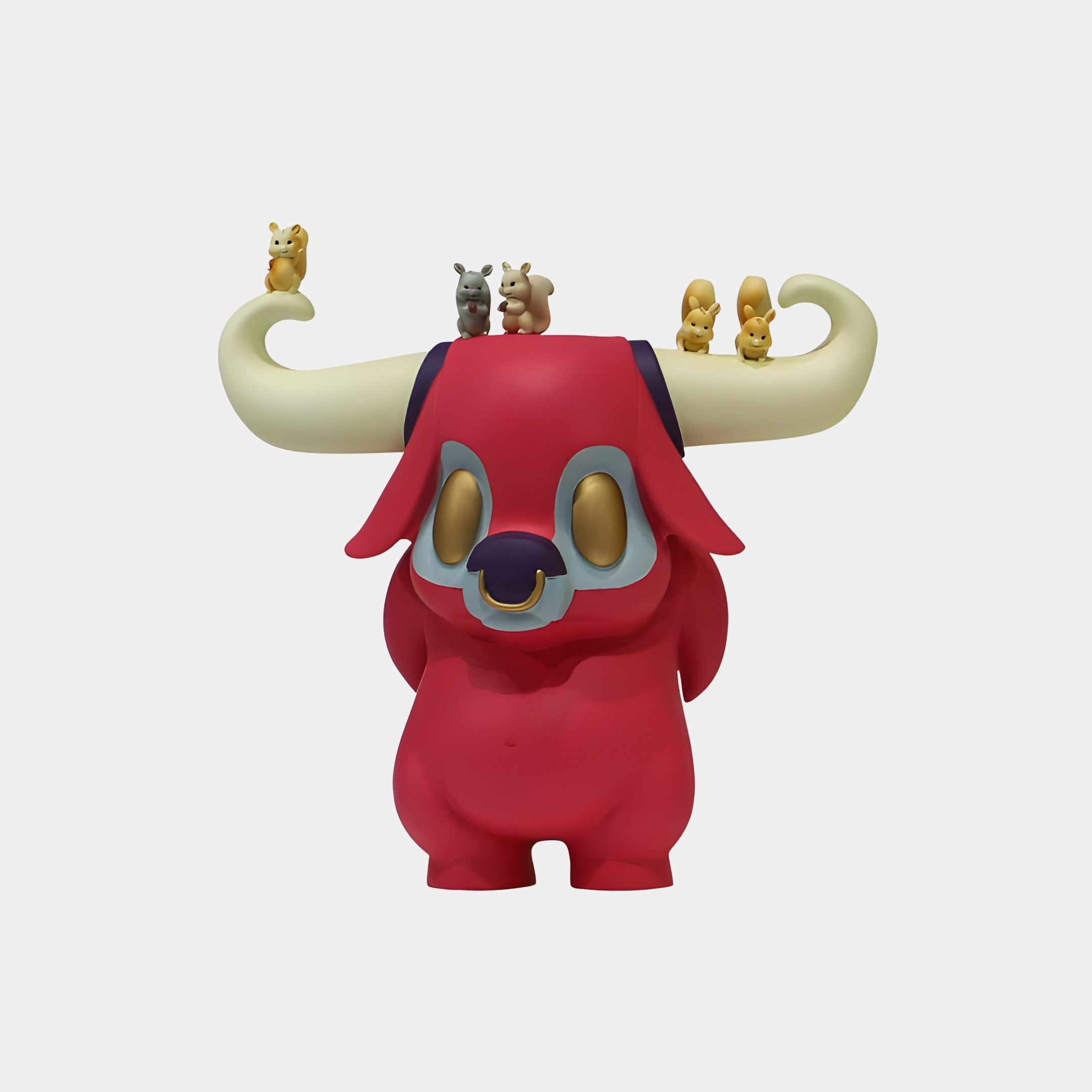 Giant Sculptures Red Bull Monster with Gold Horns 26cm sculpture, front view with tiny squirrel figures perched along cream horns, on plain background.