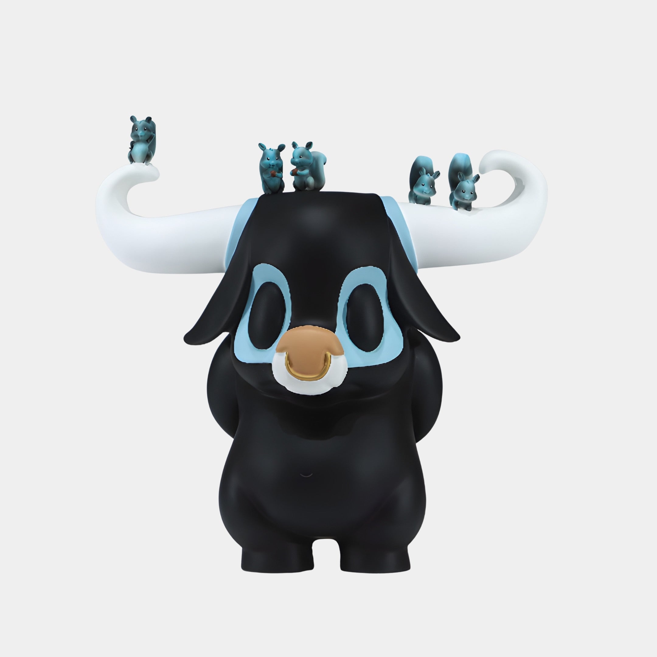 Giant Sculptures Black Bull Monster with White Horns Sculpture 40cm, glossy black body, gold nose ring, and little blue baby bulls perched on the horns.