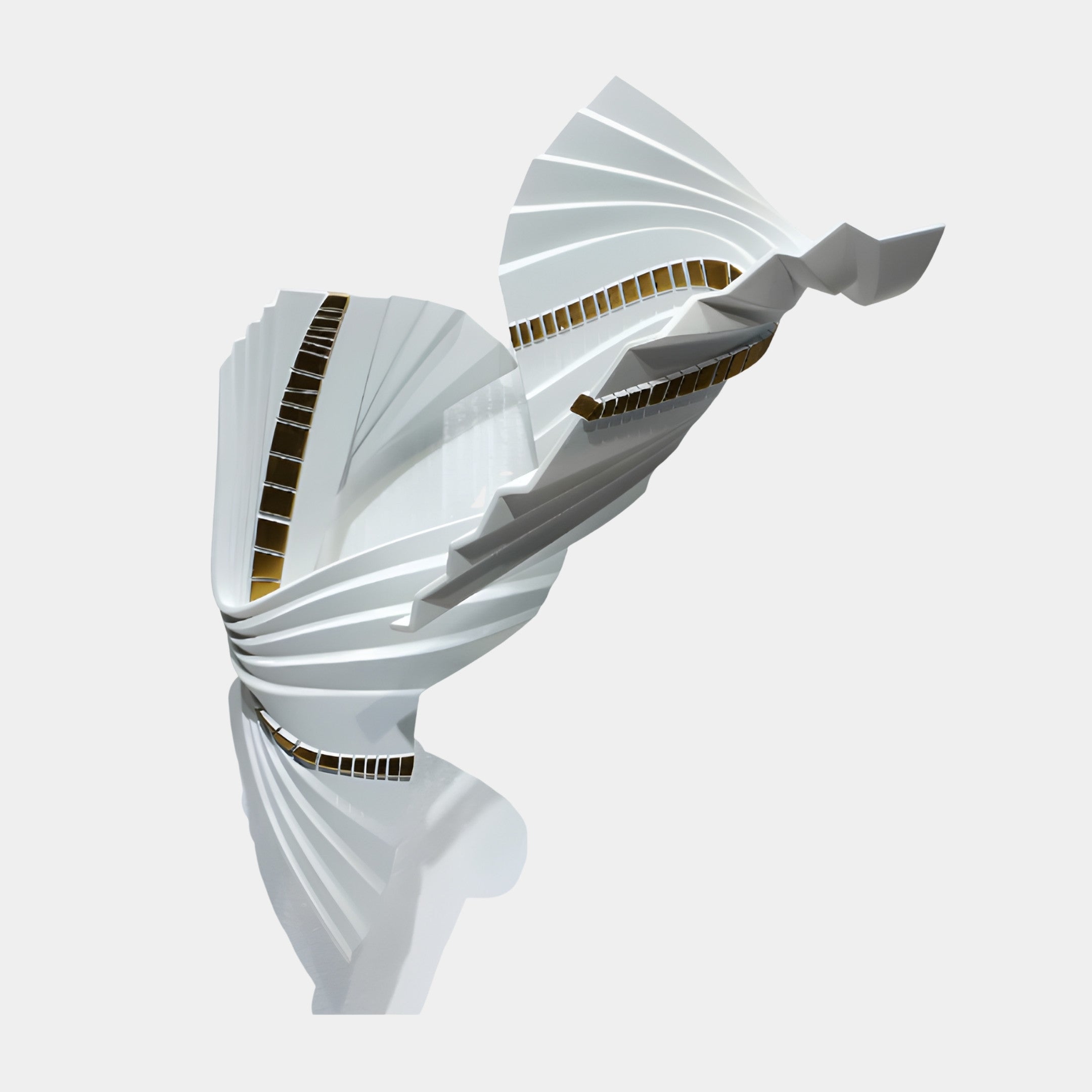 White and Gold Pleated Abstract Twisting Drape Sculpture by Giant Sculptures, 60cm, in 3D-printed resin with spiralling white pleats revealing gold interior folds.