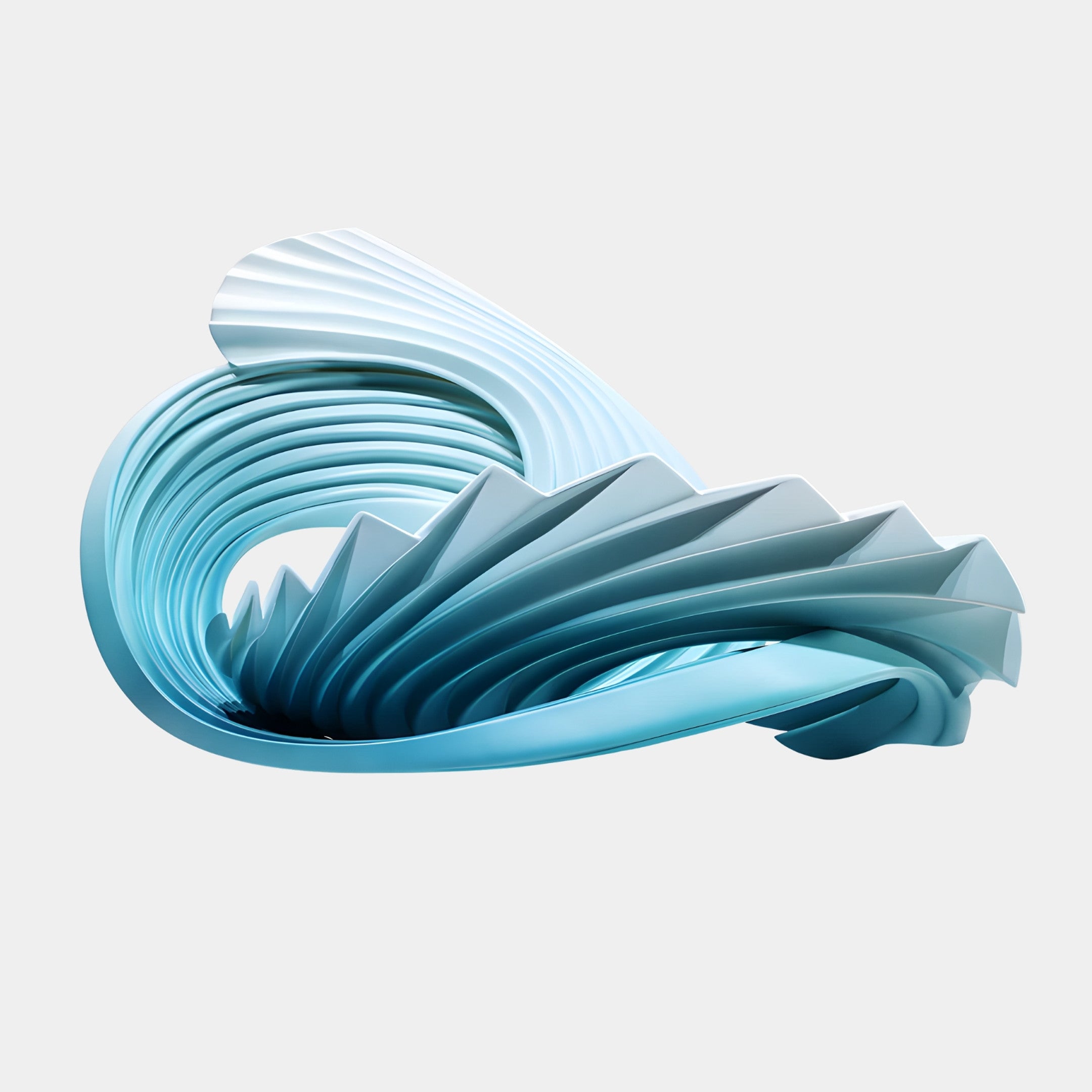Blue Pleated Abstract Breaking Wave Sculpture by Giant Sculptures, 85cm 3D-printed resin piece with ribbed, fanning curls in a soft blue-to-white gradient on a plain background.