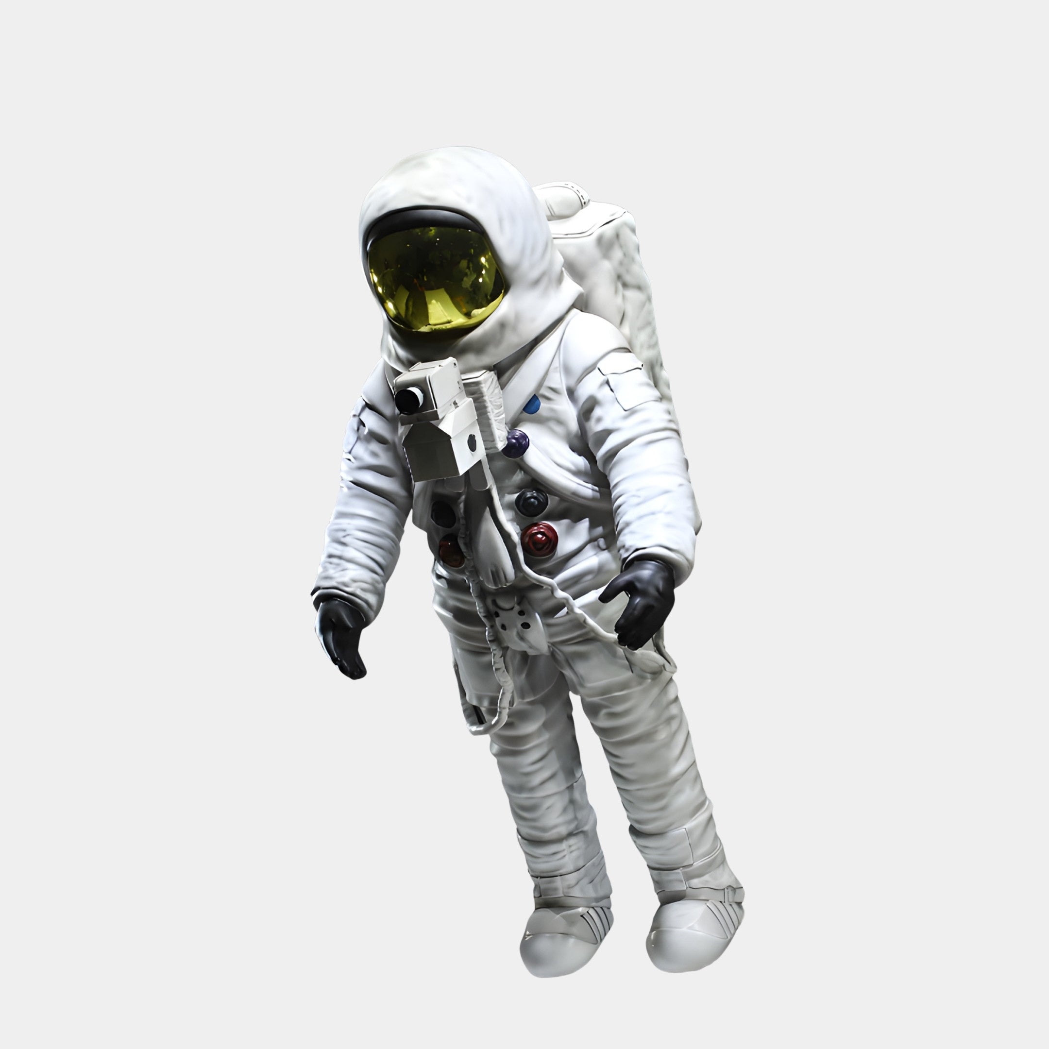 Hanging White Detailed Astronaut Sculpture 150cm by Giant Sculptures, fibreglass figure in white spacesuit with gold visor and black gloves on a plain background.