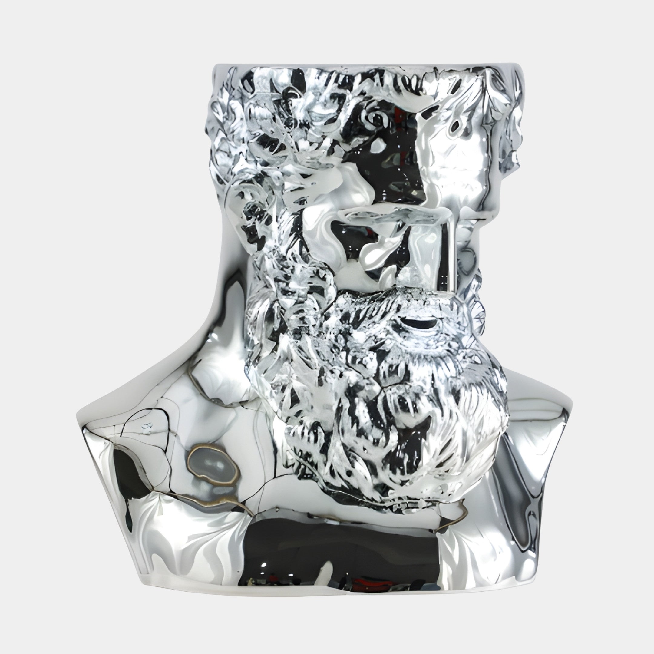 Front view of Giant Sculptures' Silver Mirror-Polished Classical Bearded Bust Sculpture, a crumpled chrome-finish bearded figure shown against a plain light background.